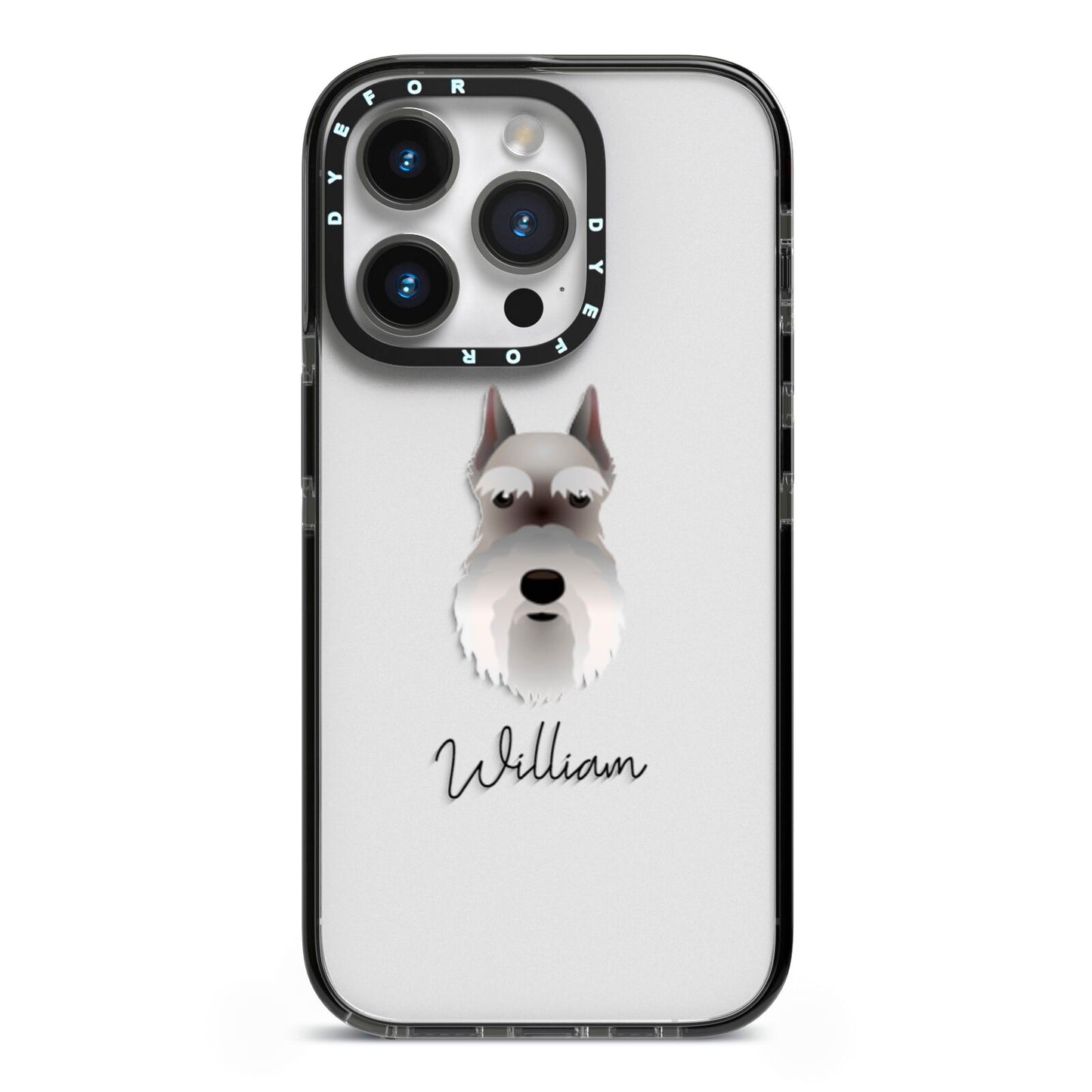 Miniature Schnauzer Personalised iPhone 14 Pro Black Impact Case on Silver phone