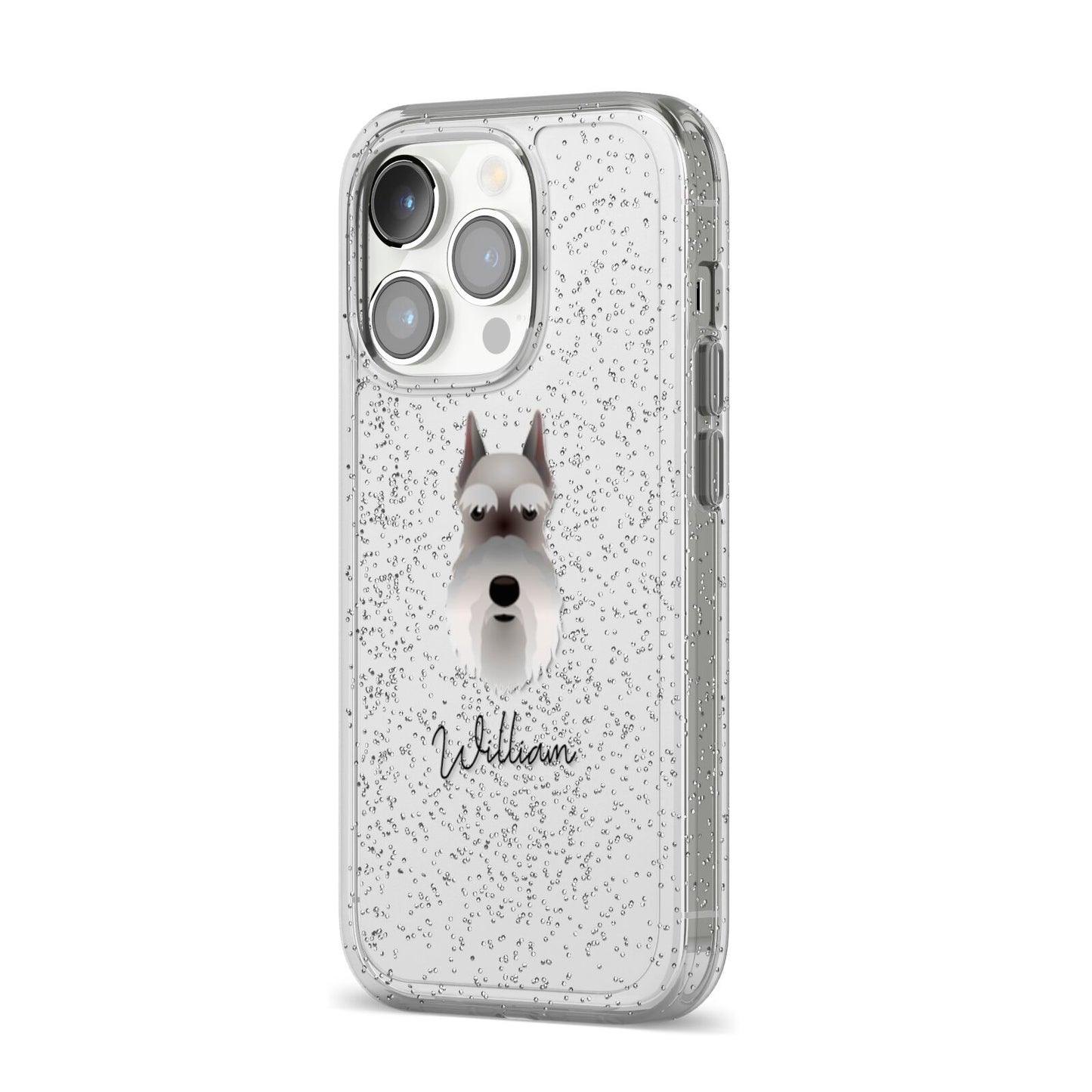 Miniature Schnauzer Personalised iPhone 14 Pro Glitter Tough Case Silver Angled Image