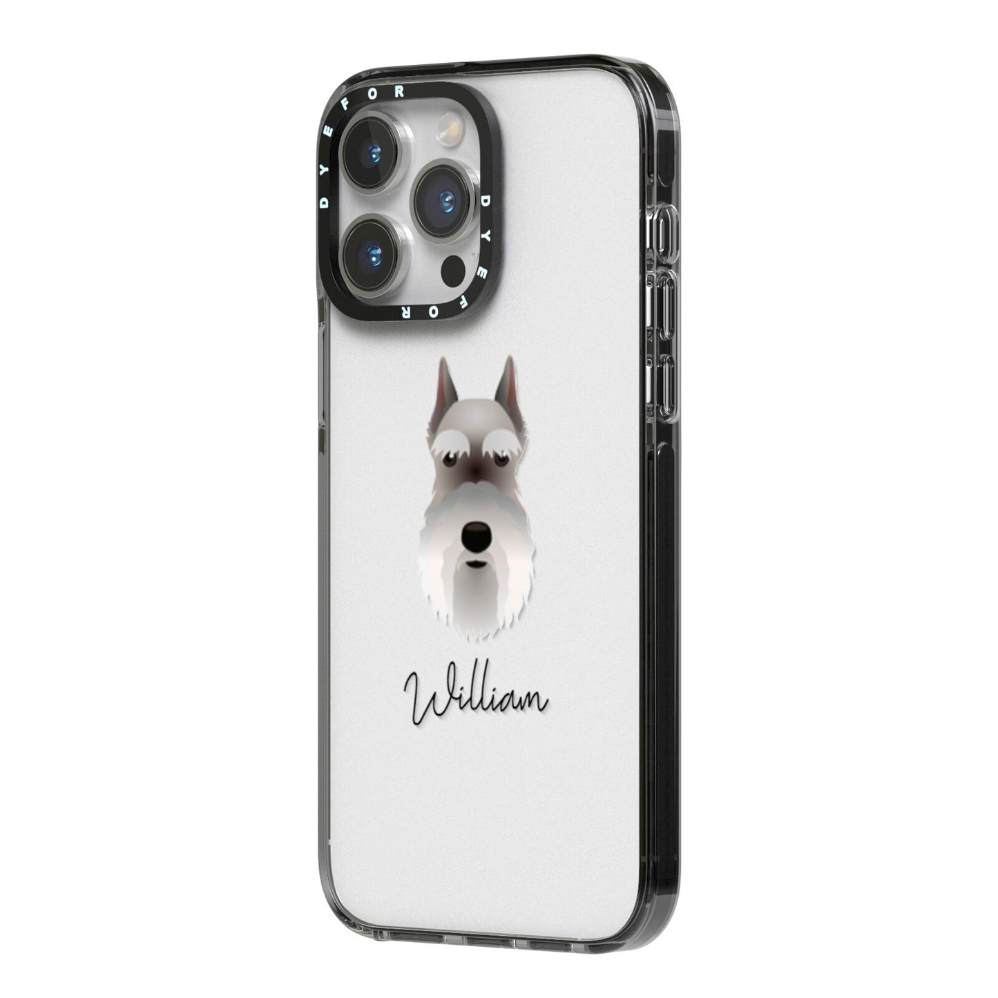 Miniature Schnauzer Personalised iPhone 14 Pro Max Black Impact Case Side Angle on Silver phone