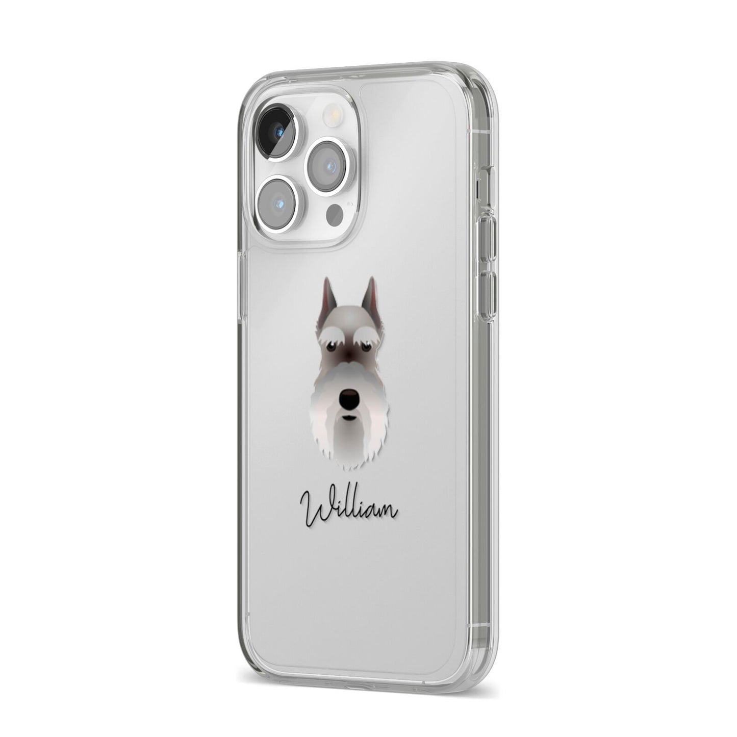 Miniature Schnauzer Personalised iPhone 14 Pro Max Clear Tough Case Silver Angled Image