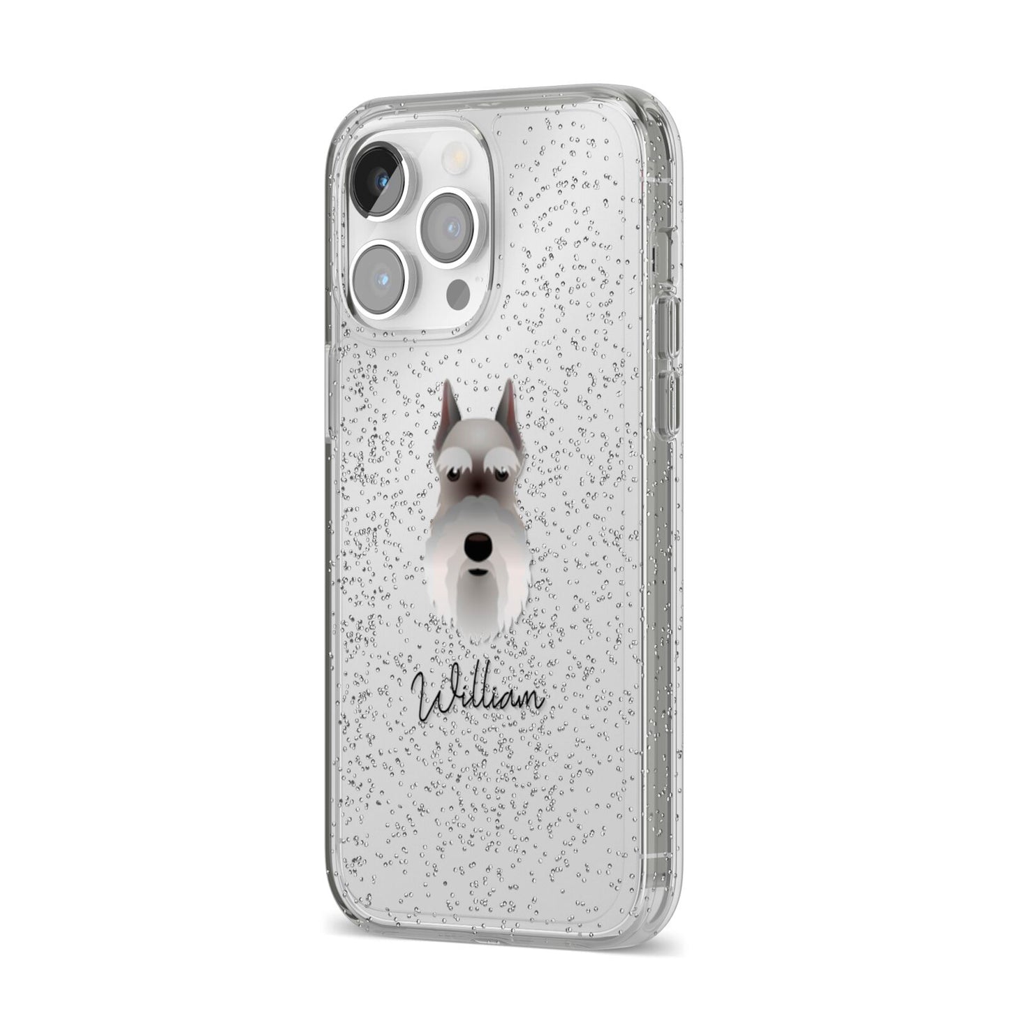 Miniature Schnauzer Personalised iPhone 14 Pro Max Glitter Tough Case Silver Angled Image