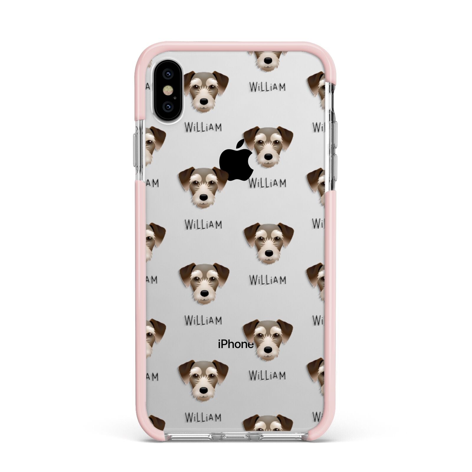 Miniature Schnoxie Icon with Name Apple iPhone Xs Max Impact Case Pink Edge on Silver Phone