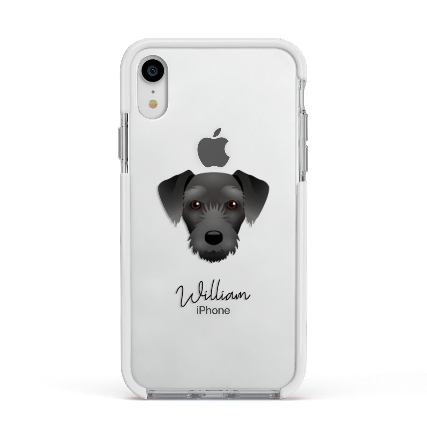 Miniature Schnoxie Personalised Apple iPhone XR Impact Case White Edge on Silver Phone