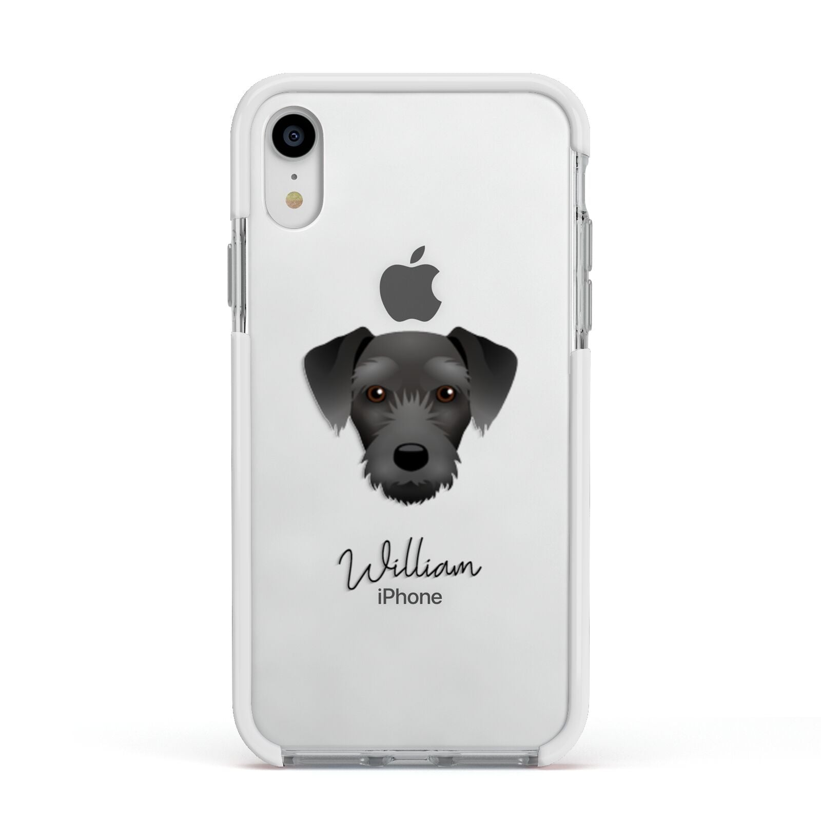 Miniature Schnoxie Personalised Apple iPhone XR Impact Case White Edge on Silver Phone