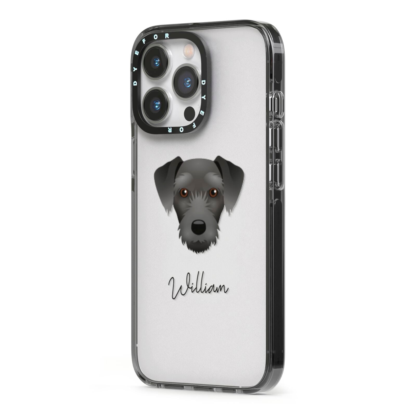 Miniature Schnoxie Personalised iPhone 13 Pro Black Impact Case Side Angle on Silver phone