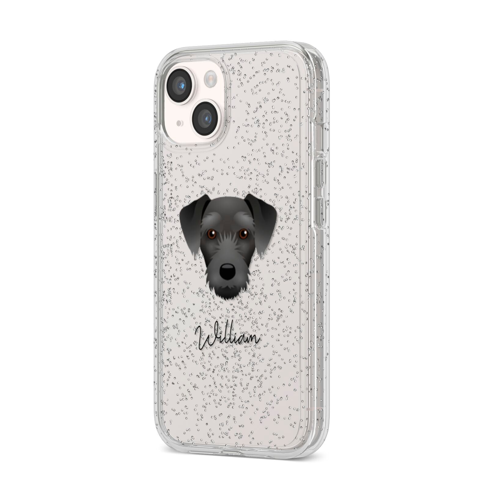 Miniature Schnoxie Personalised iPhone 14 Glitter Tough Case Starlight Angled Image