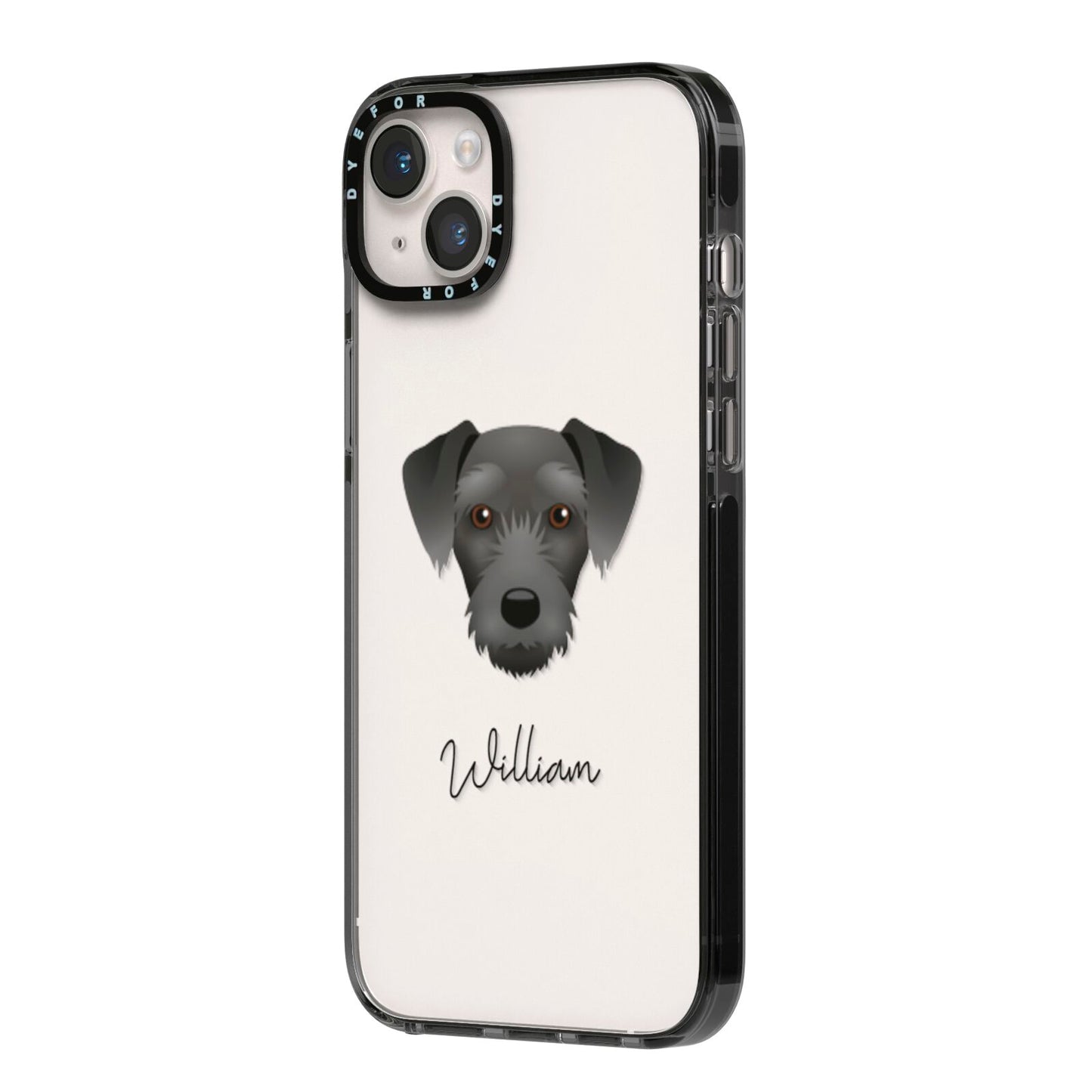 Miniature Schnoxie Personalised iPhone 14 Plus Black Impact Case Side Angle on Silver phone