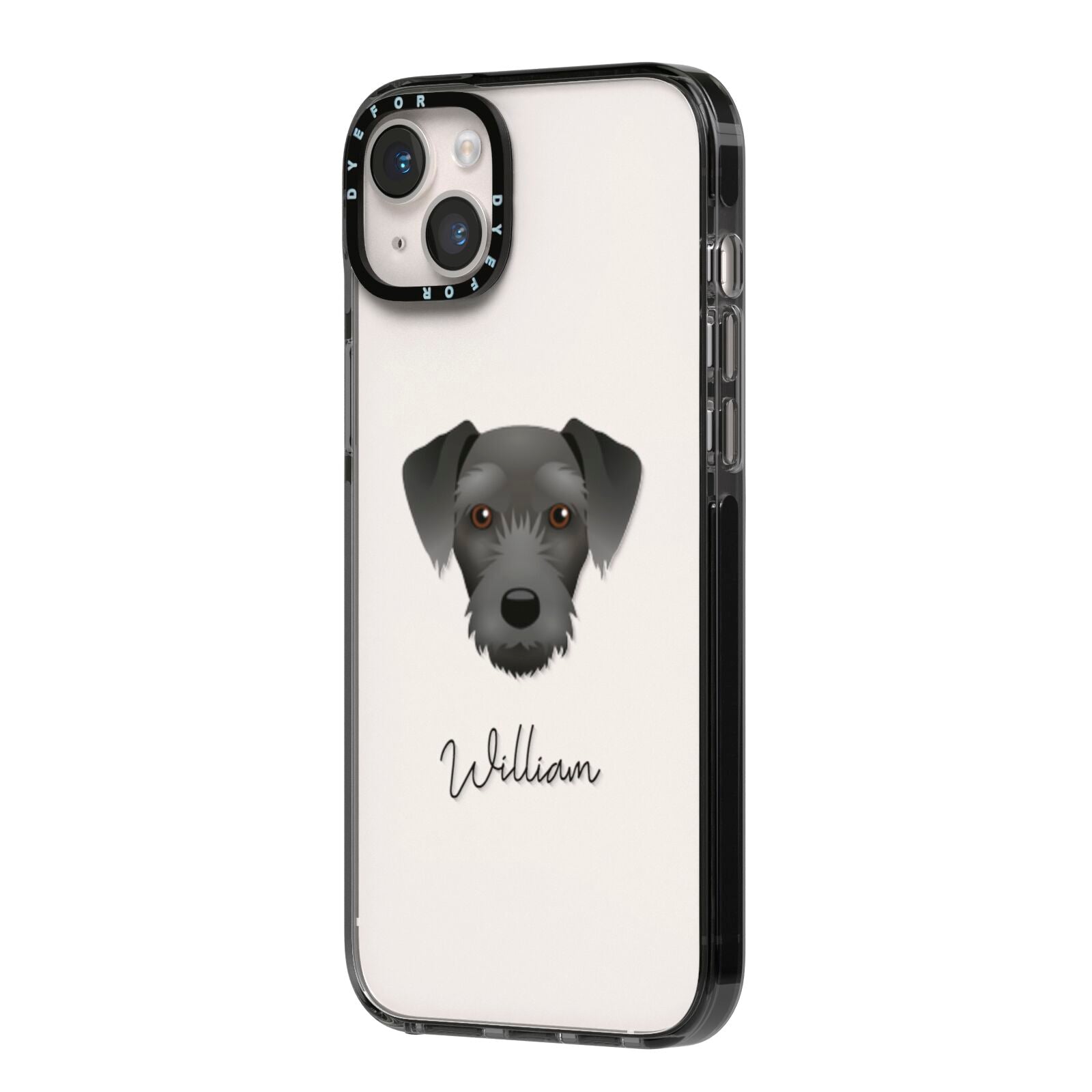 Miniature Schnoxie Personalised iPhone 14 Plus Black Impact Case Side Angle on Silver phone