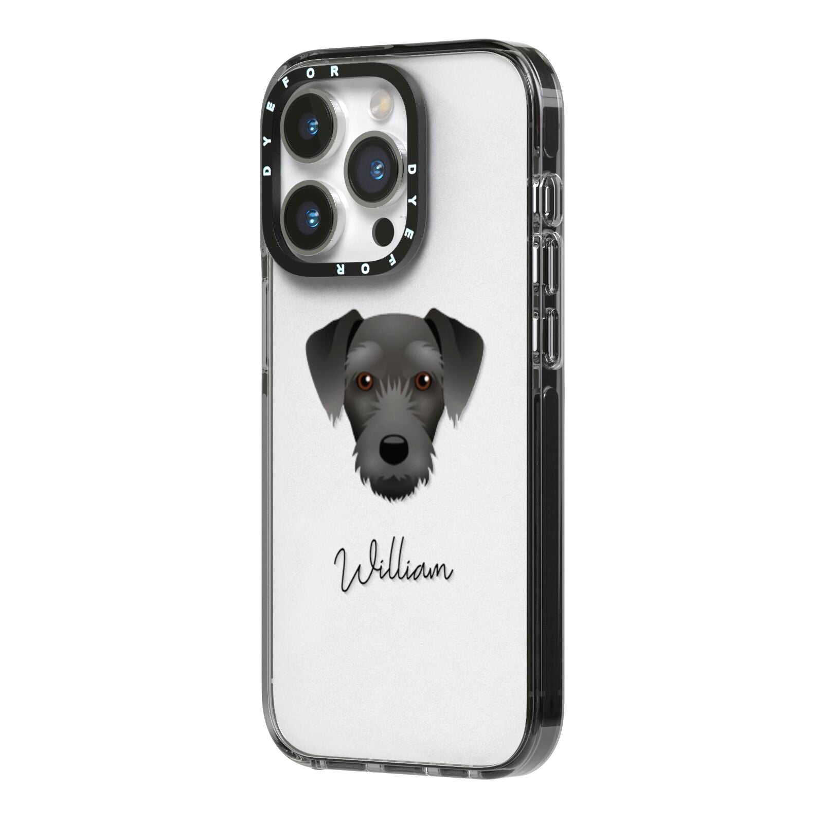 Miniature Schnoxie Personalised iPhone 14 Pro Black Impact Case Side Angle on Silver phone
