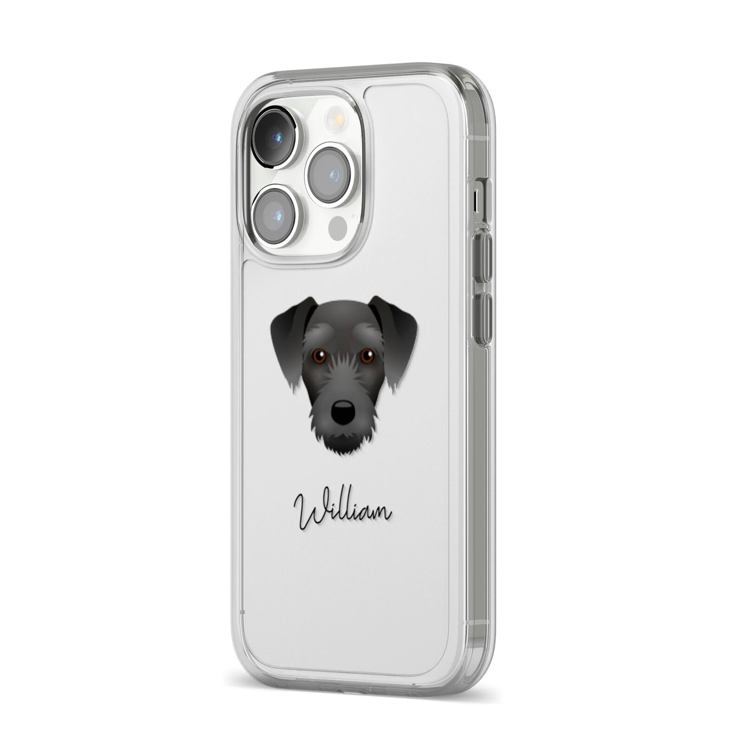 Miniature Schnoxie Personalised iPhone 14 Pro Clear Tough Case Silver Angled Image