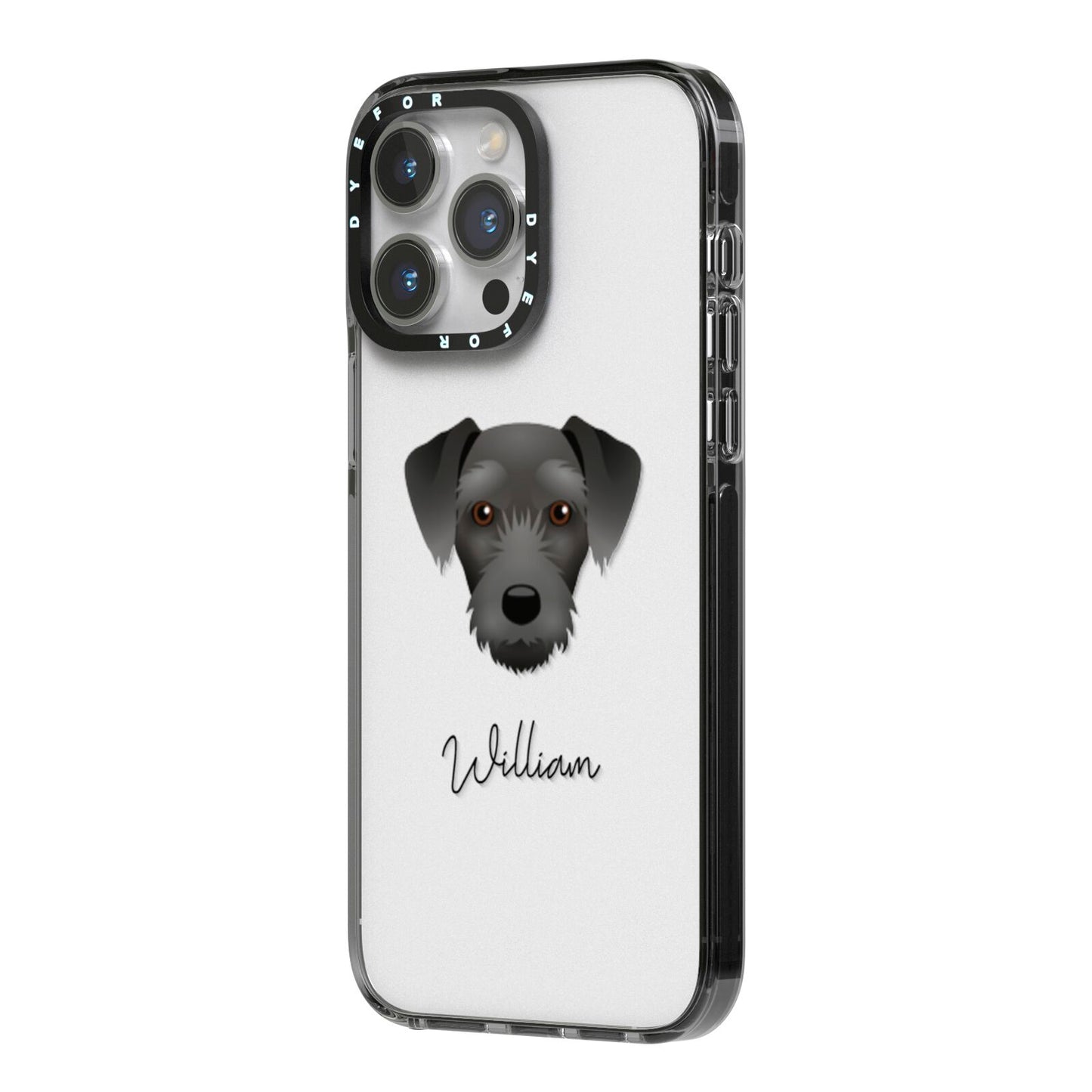 Miniature Schnoxie Personalised iPhone 14 Pro Max Black Impact Case Side Angle on Silver phone