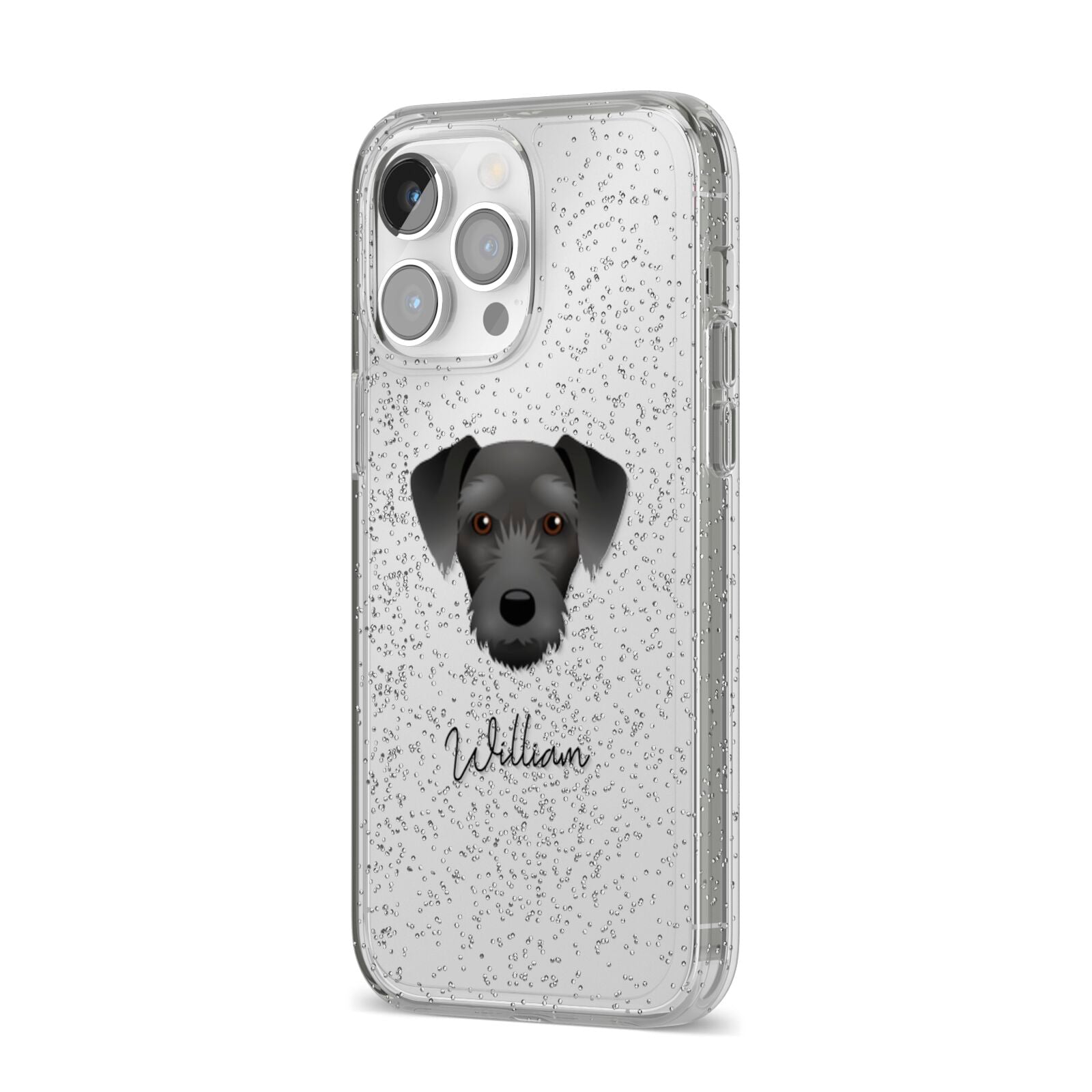Miniature Schnoxie Personalised iPhone 14 Pro Max Glitter Tough Case Silver Angled Image