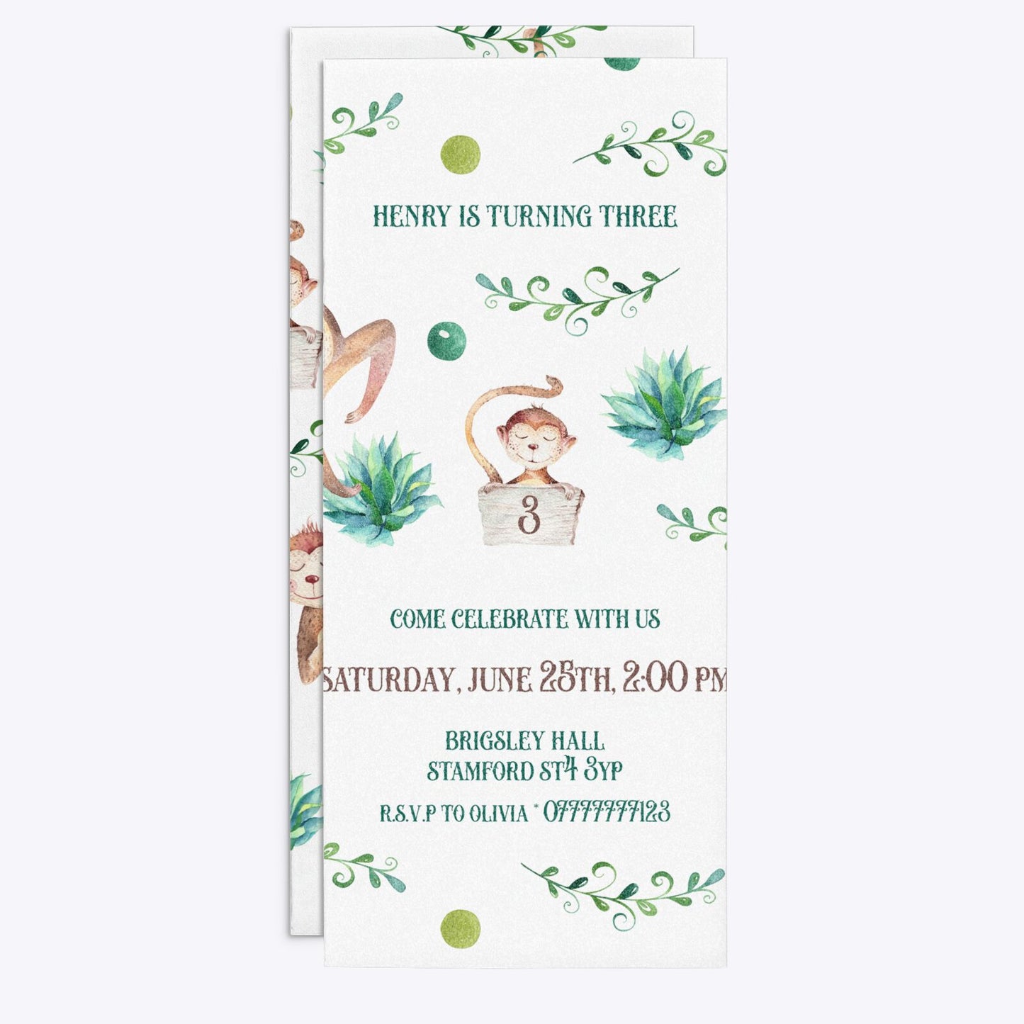 Monkey Personalised Happy Birthday 4x9 Rectangle Invitation Glitter Front and Back Image