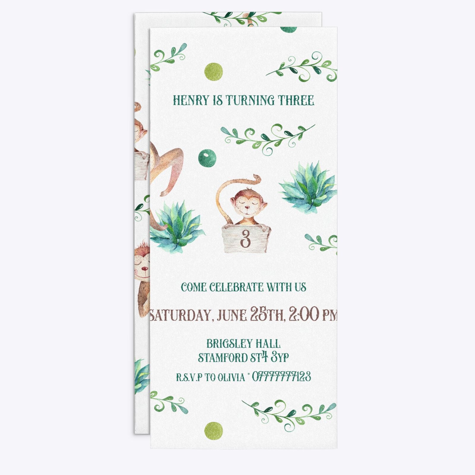 Monkey Personalised Happy Birthday 4x9 Rectangle Invitation Glitter Front and Back Image