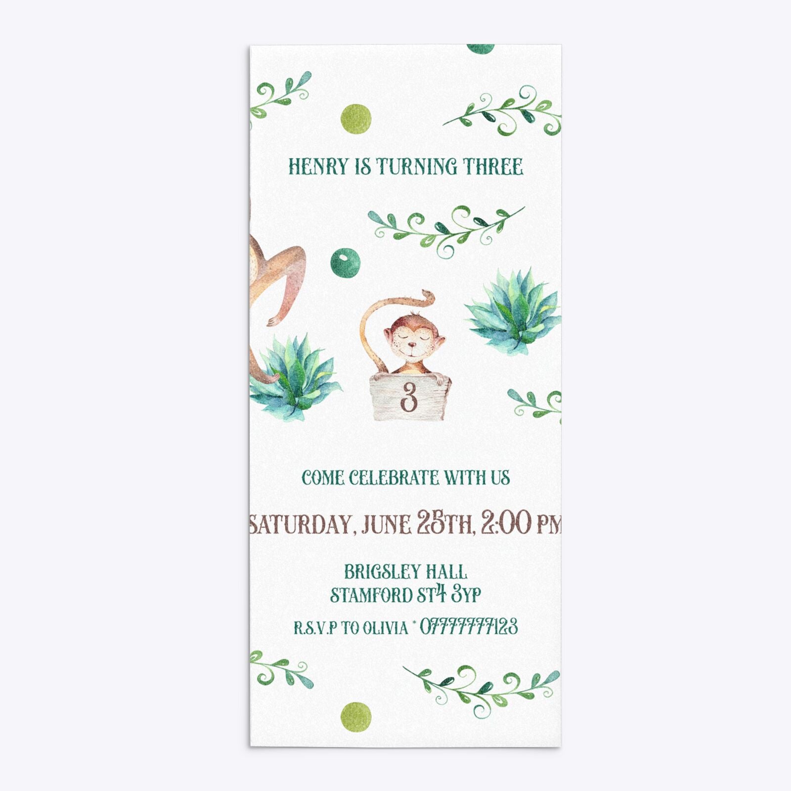 Monkey Personalised Happy Birthday 4x9 Rectangle Invitation Glitter