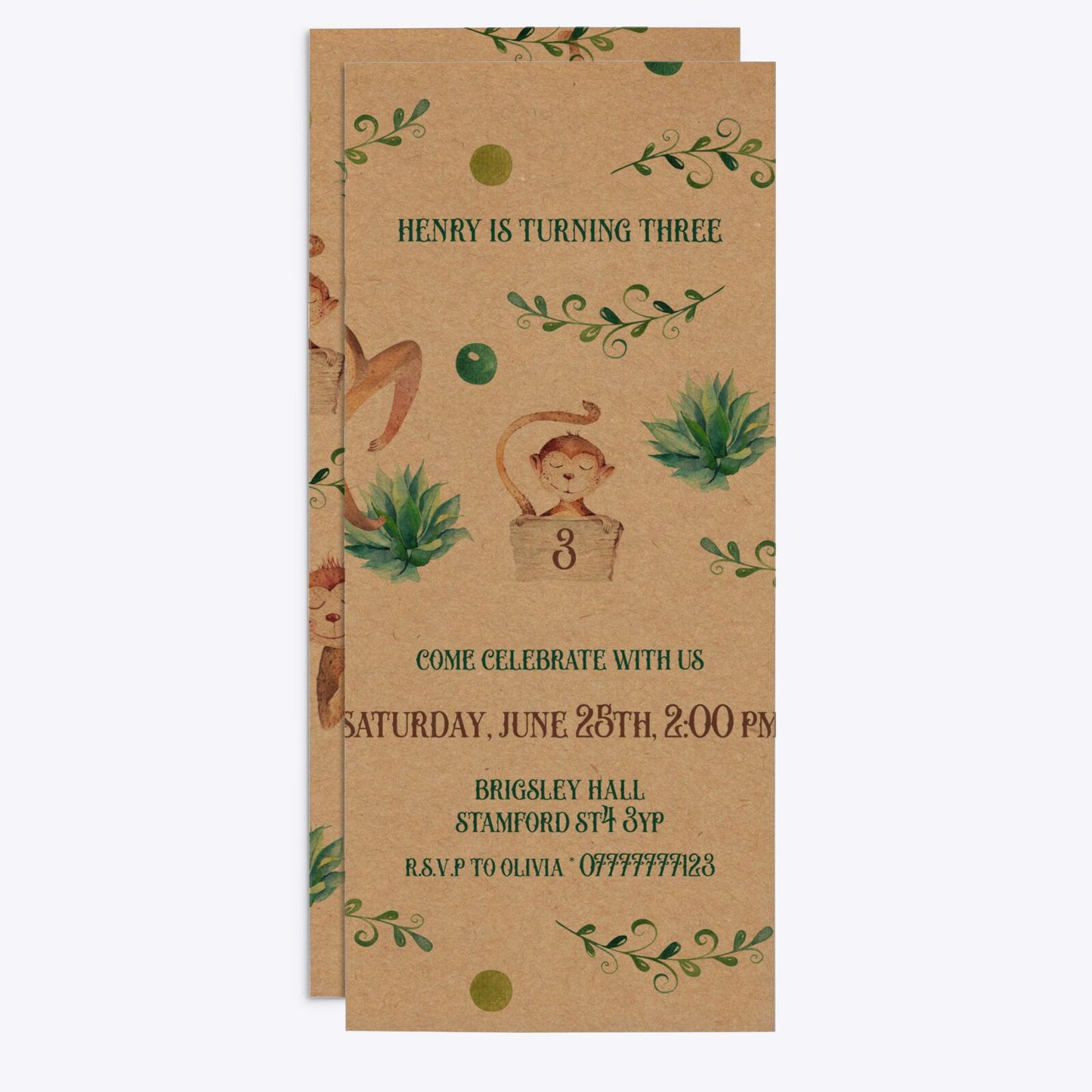 Monkey Personalised Happy Birthday 4x9 Rectangle Invitation Kraft Front and Back Image