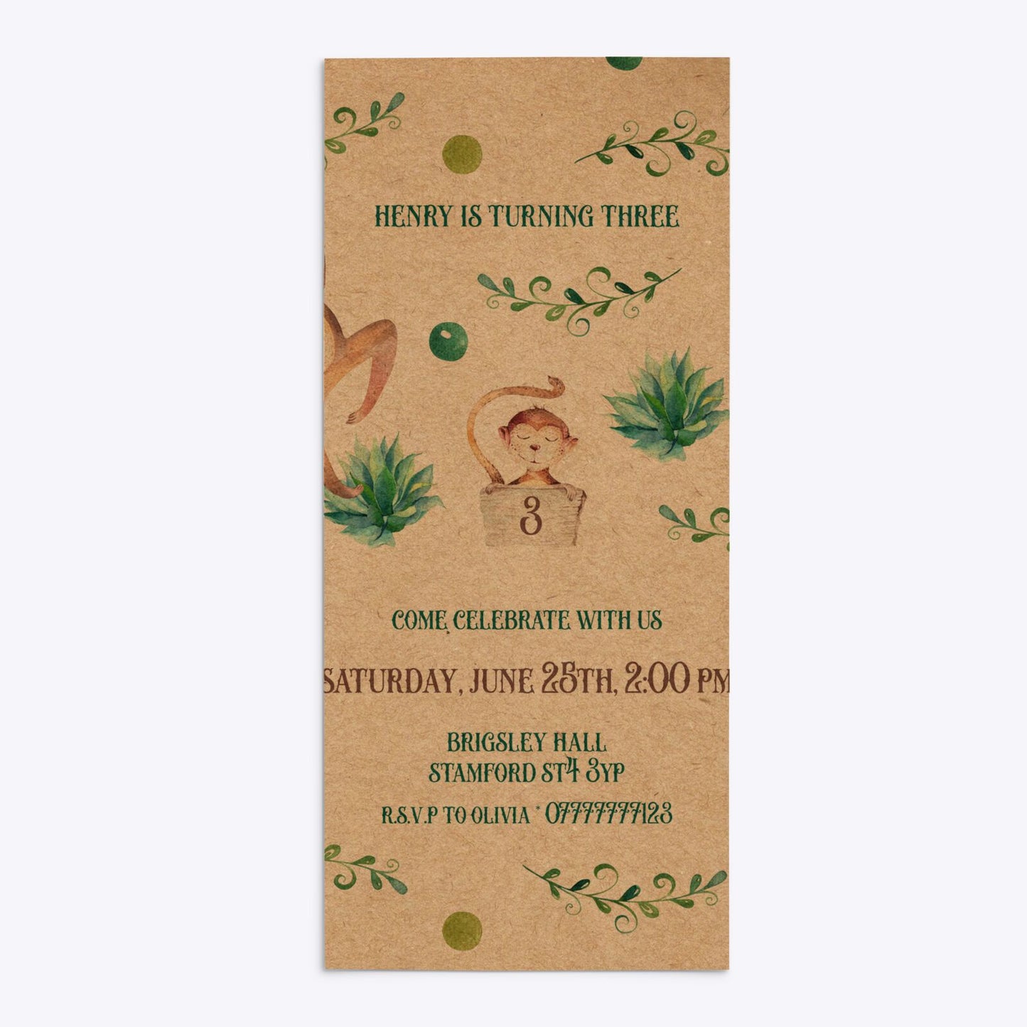 Monkey Personalised Happy Birthday 4x9 Rectangle Invitation Kraft