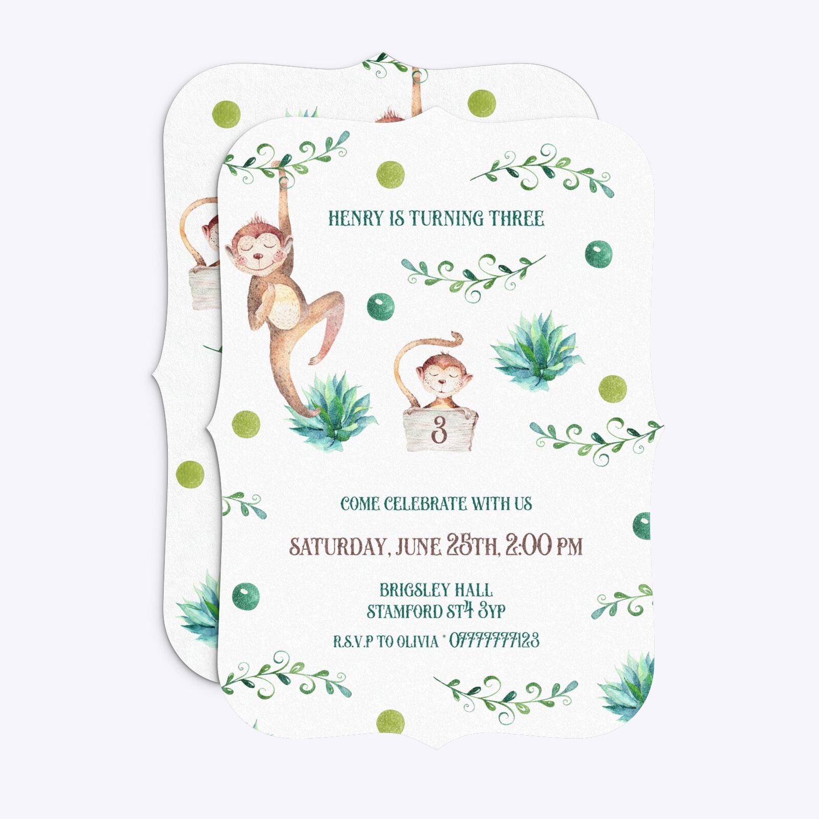 Monkey Personalised Happy Birthday Bracket Invitation Glitter Front and Back Image