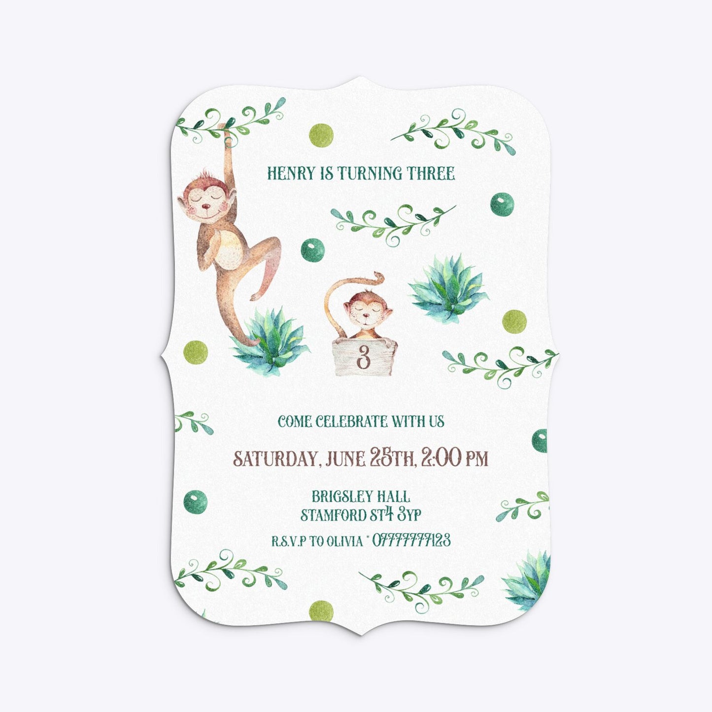 Monkey Personalised Happy Birthday Bracket Invitation Glitter