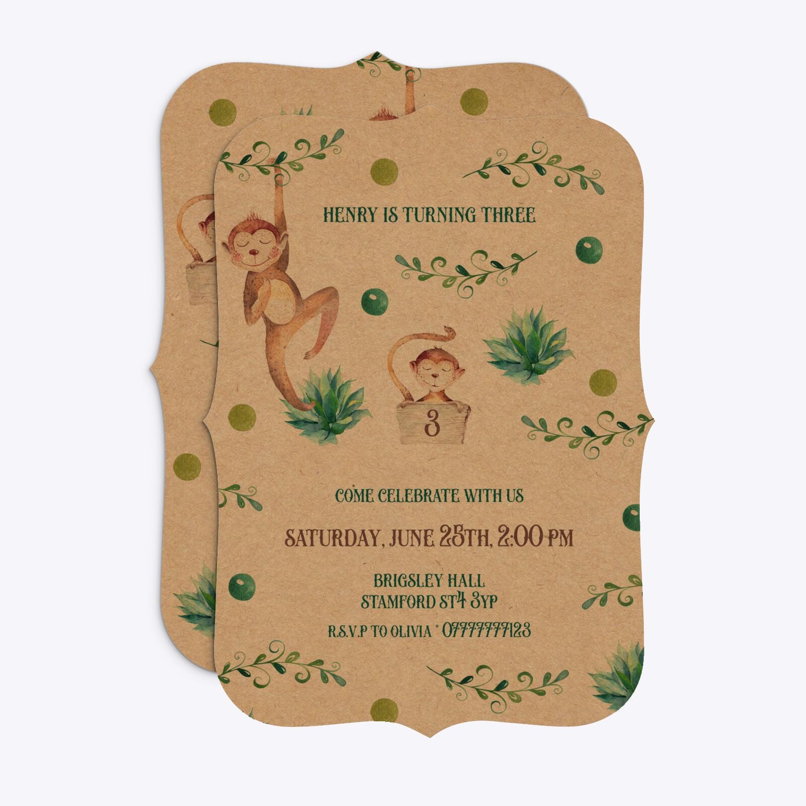 Monkey Personalised Happy Birthday Bracket Invitation Kraft Front and Back Image