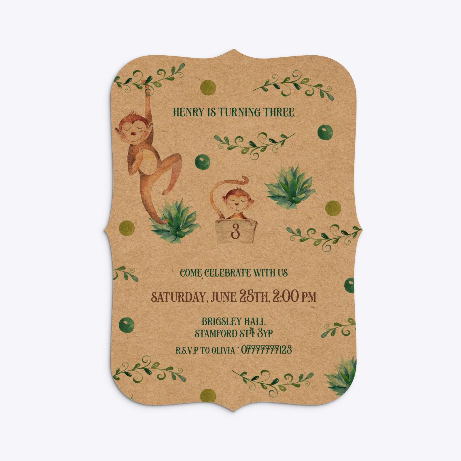 Monkey Personalised Happy Birthday Bracket Invitation Kraft