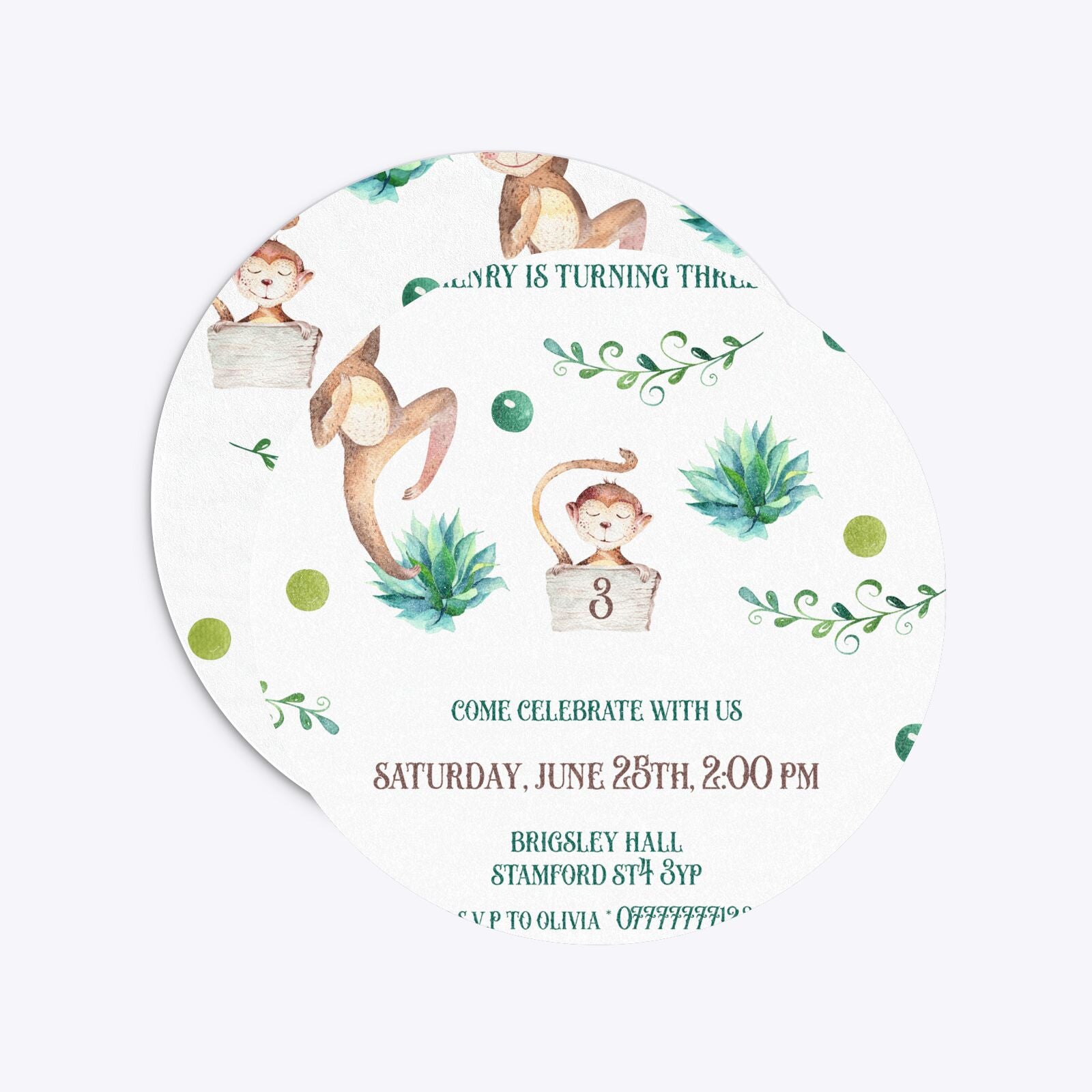 Monkey Personalised Happy Birthday Circle 5 25x5 25 Invitation Glitter Front and Back Image