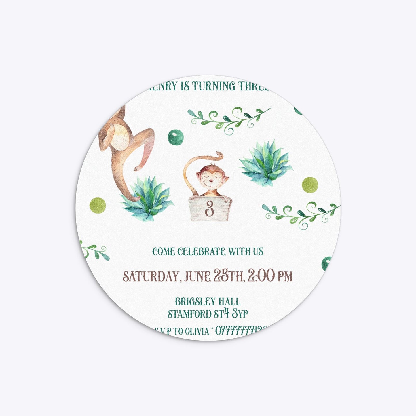 Monkey Personalised Happy Birthday Circle 5 25x5 25 Invitation Glitter