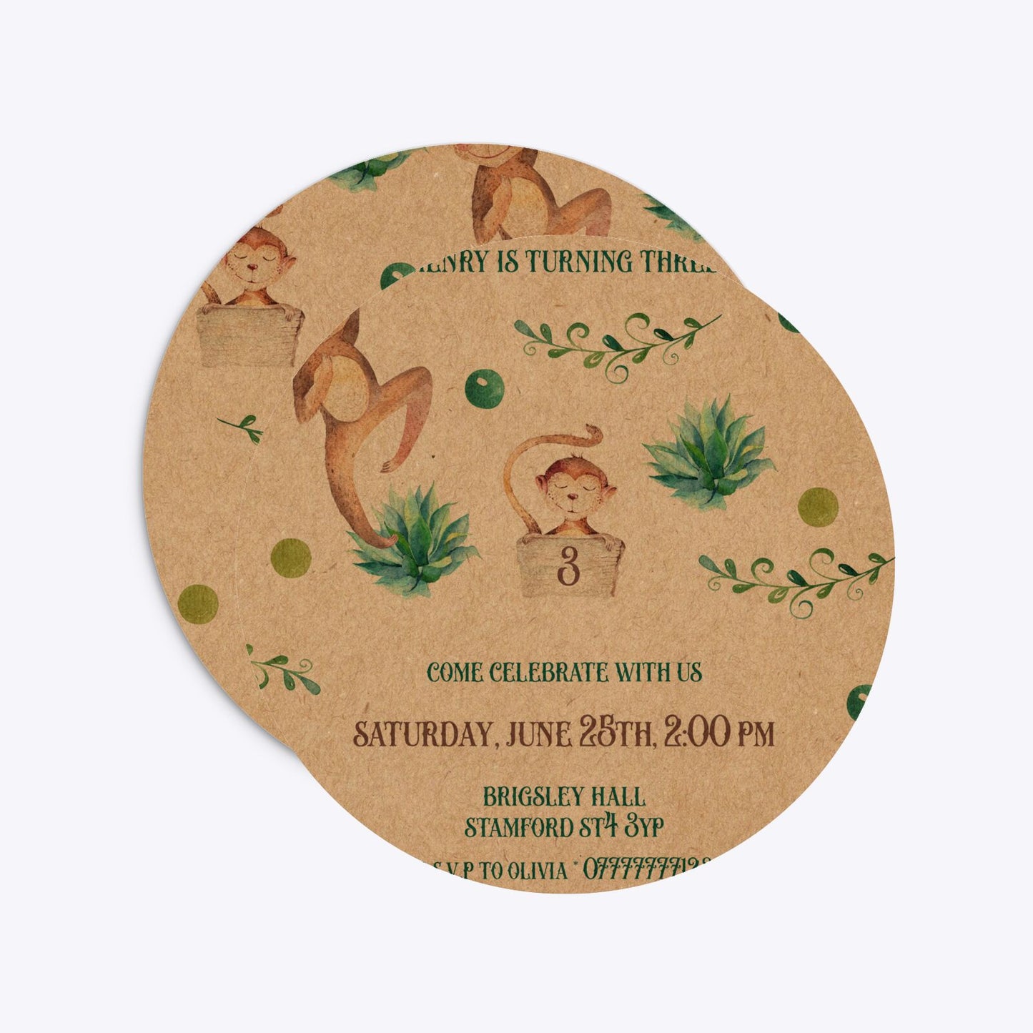 Monkey Personalised Happy Birthday Circle 5 25x5 25 Invitation Kraft Front and Back Image