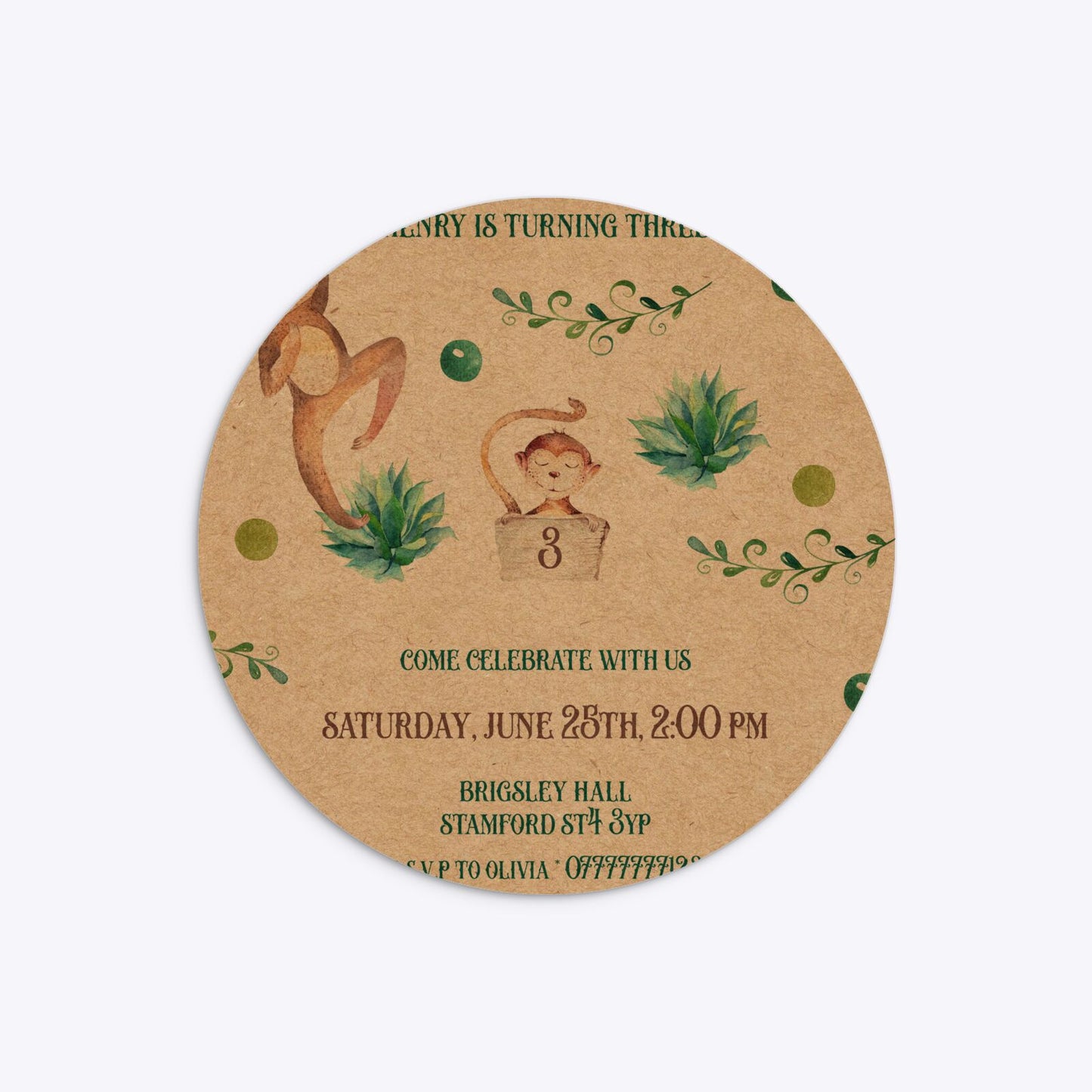 Monkey Personalised Happy Birthday Circle 5 25x5 25 Invitation Kraft