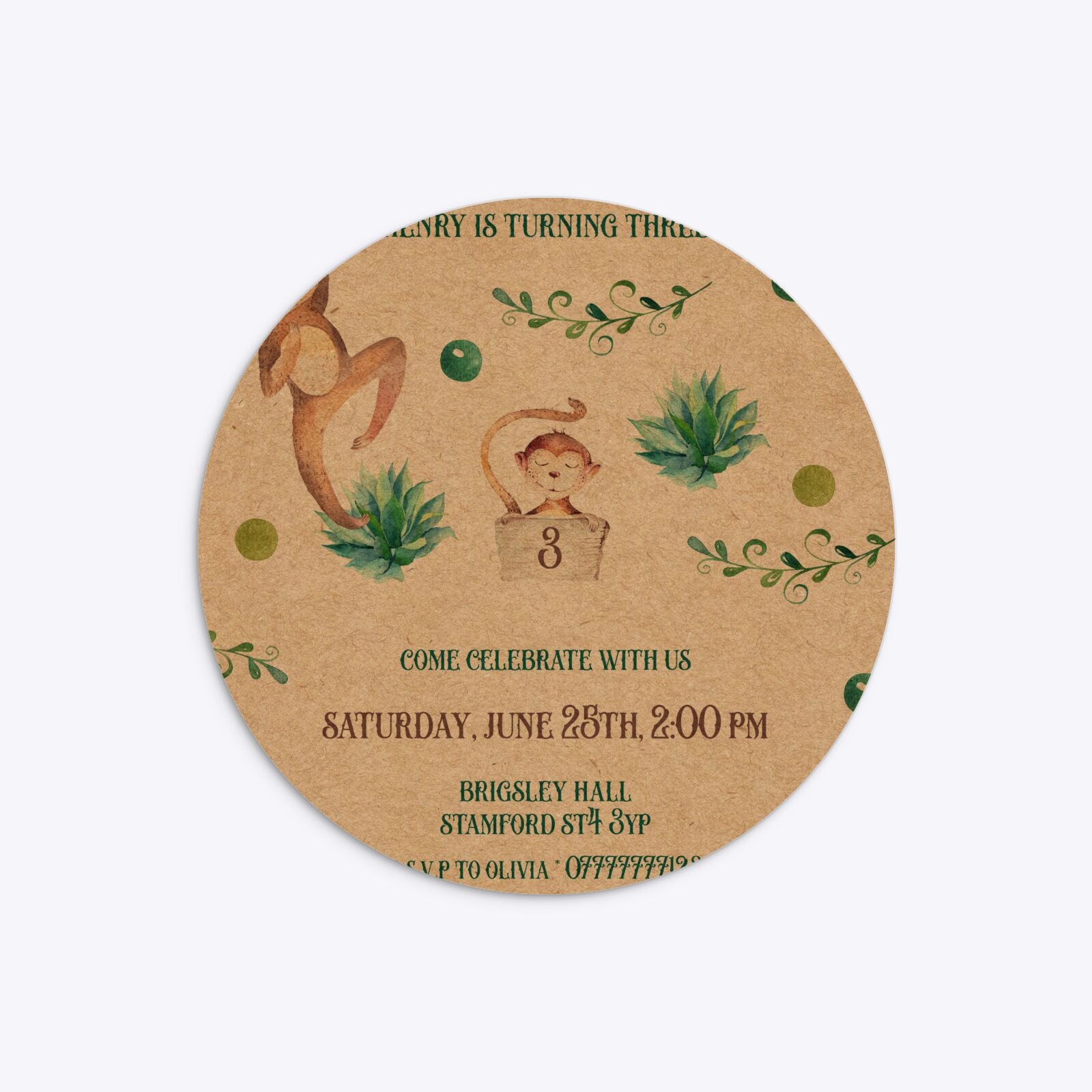 Monkey Personalised Happy Birthday Circle 5 25x5 25 Invitation Kraft