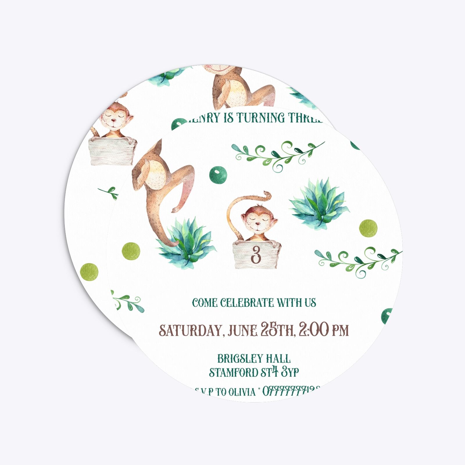 Monkey Personalised Happy Birthday Circle 5 25x5 25 Invitation Matte Paper Front and Back Image