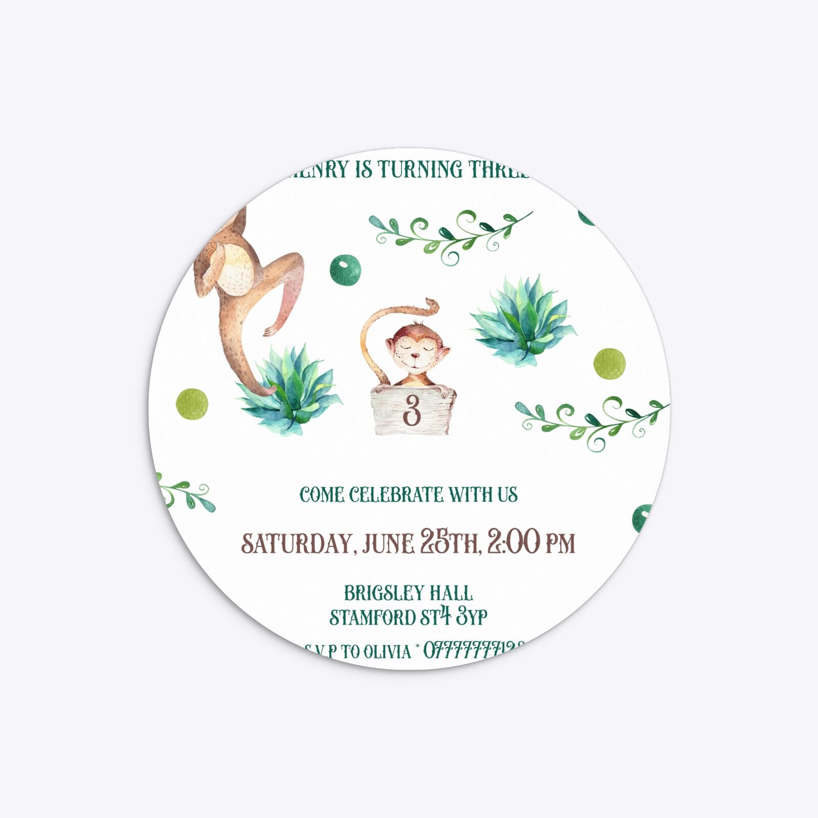 Monkey Personalised Happy Birthday Circle 5 25x5 25 Invitation Matte Paper