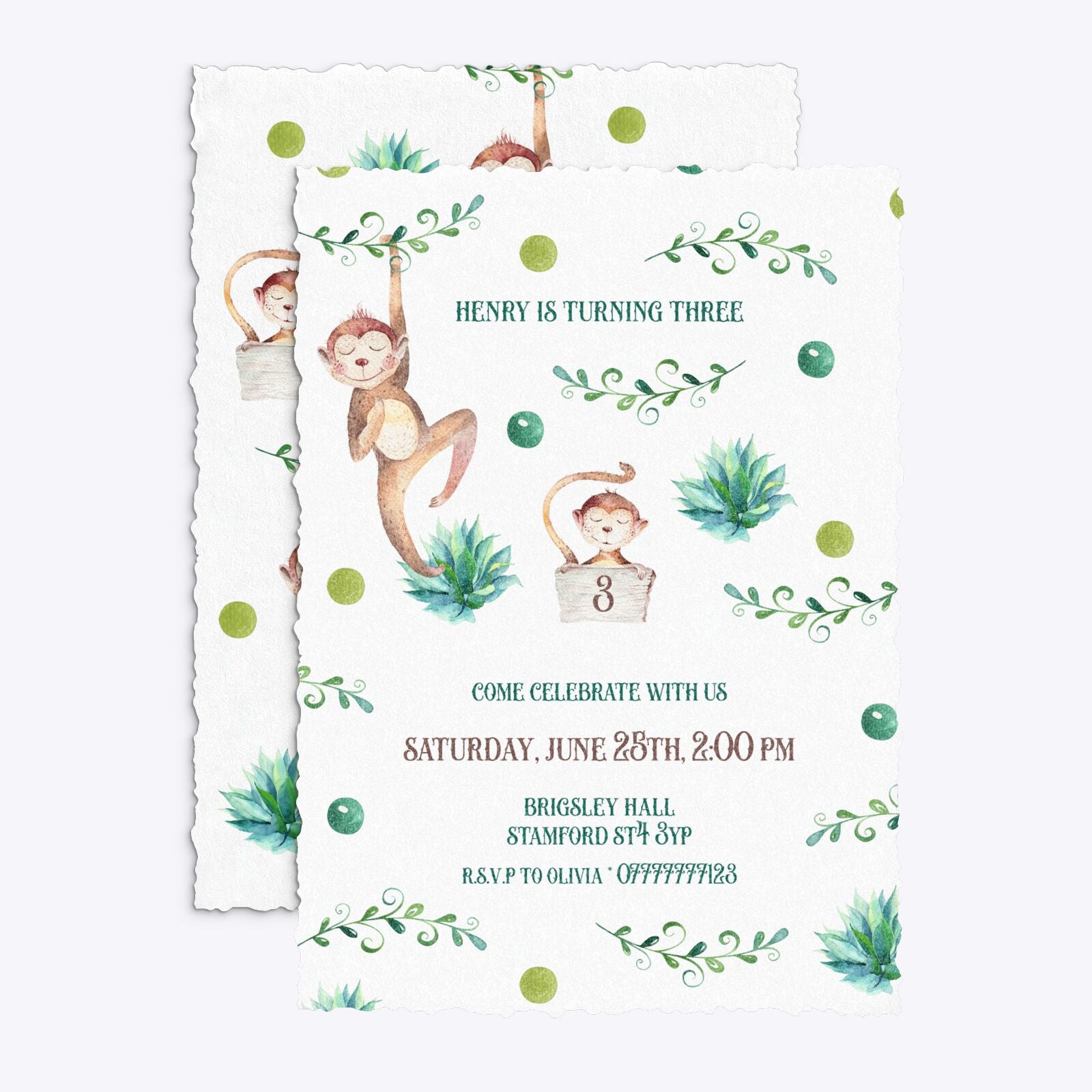 Monkey Personalised Happy Birthday Deckle Invitation Glitter Front and Back Image