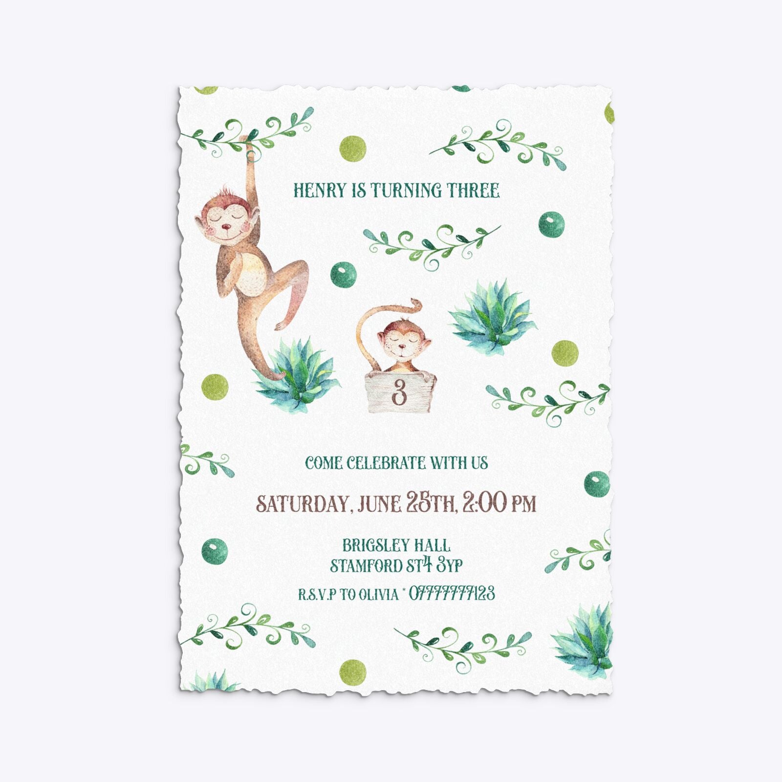 Monkey Personalised Happy Birthday Deckle Invitation Glitter
