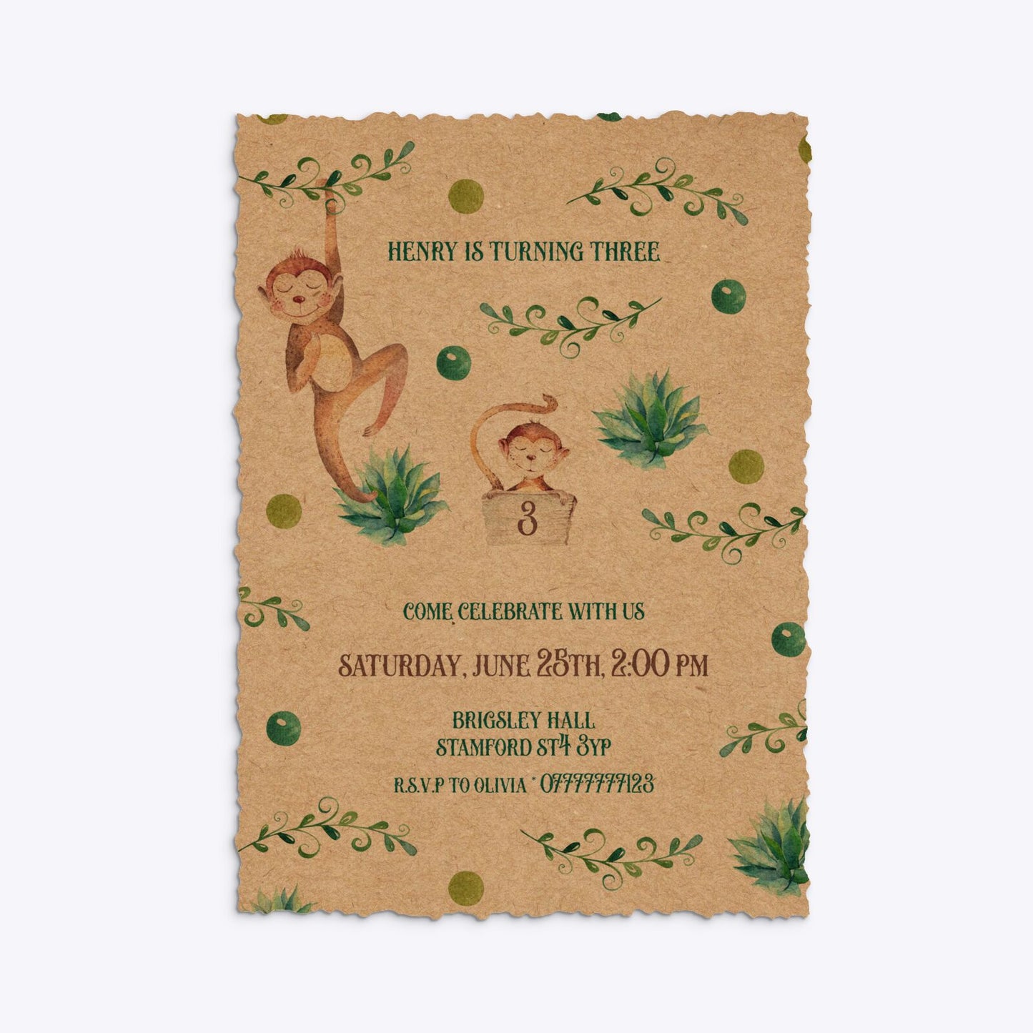 Monkey Personalised Happy Birthday Deckle Invitation Kraft