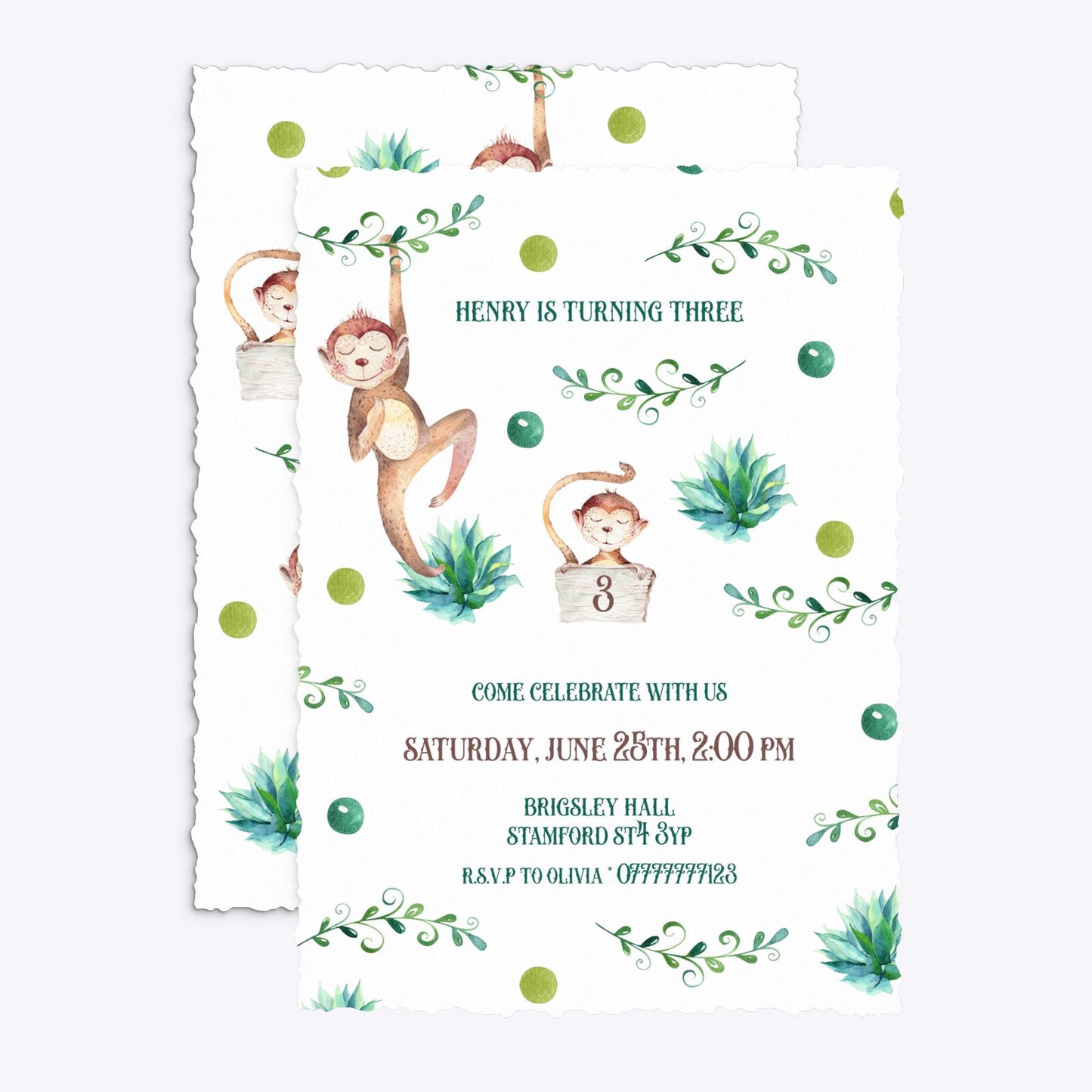 Monkey Personalised Happy Birthday Deckle Invitation Matte Paper Front and Back Image