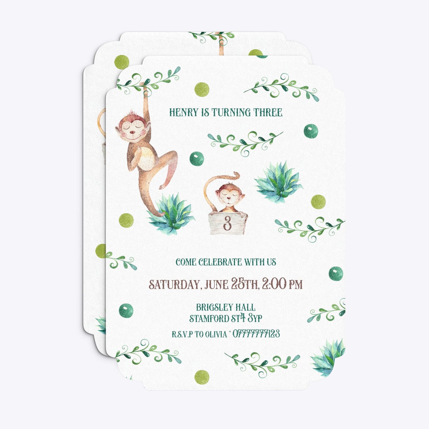 Monkey Personalised Happy Birthday Deco Invitation Glitter Front and Back Image