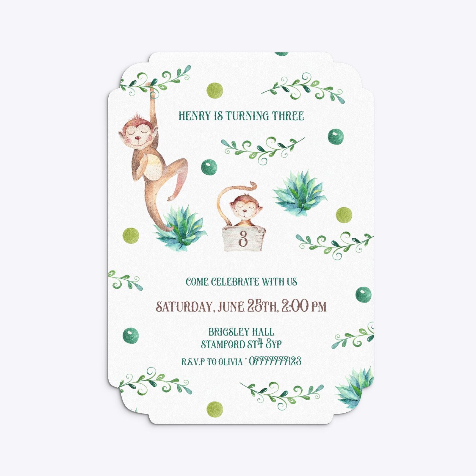 Monkey Personalised Happy Birthday Deco Invitation Glitter