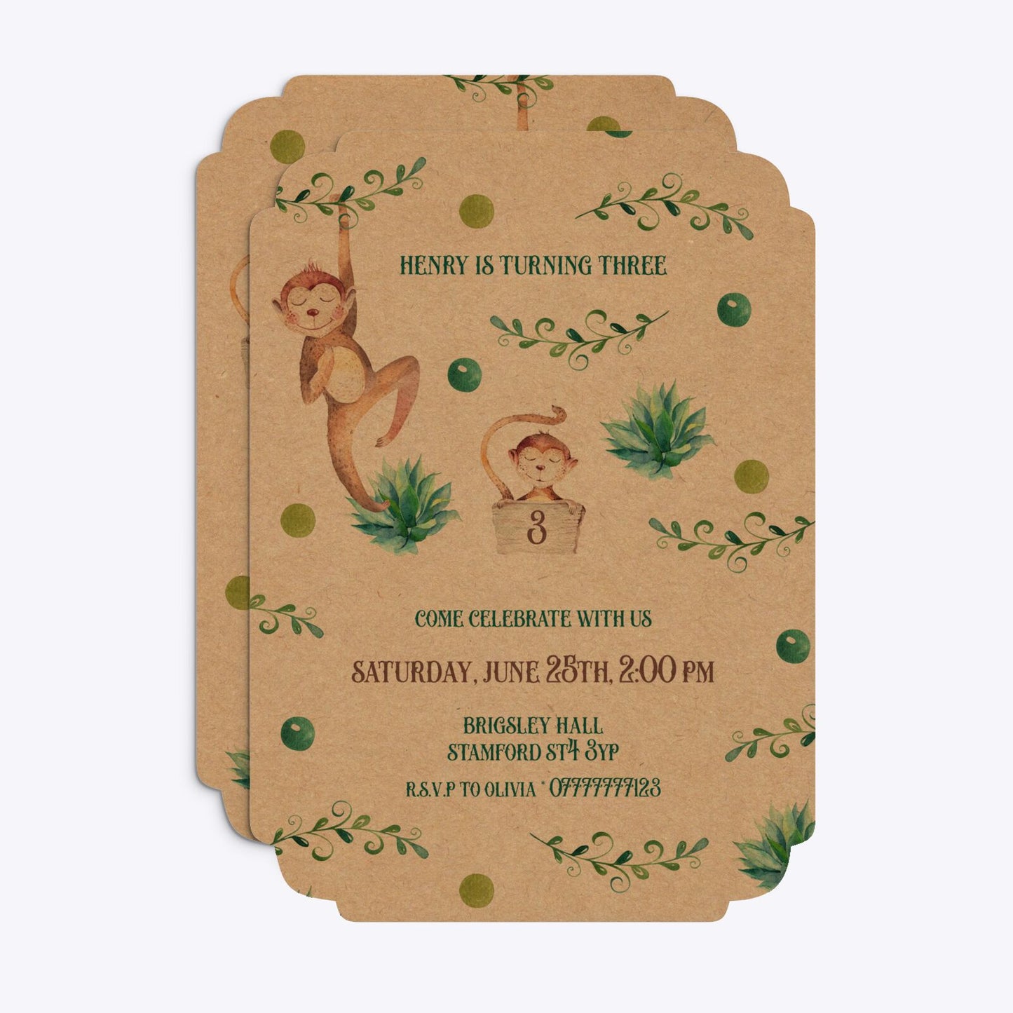 Monkey Personalised Happy Birthday Deco Invitation Kraft Front and Back Image