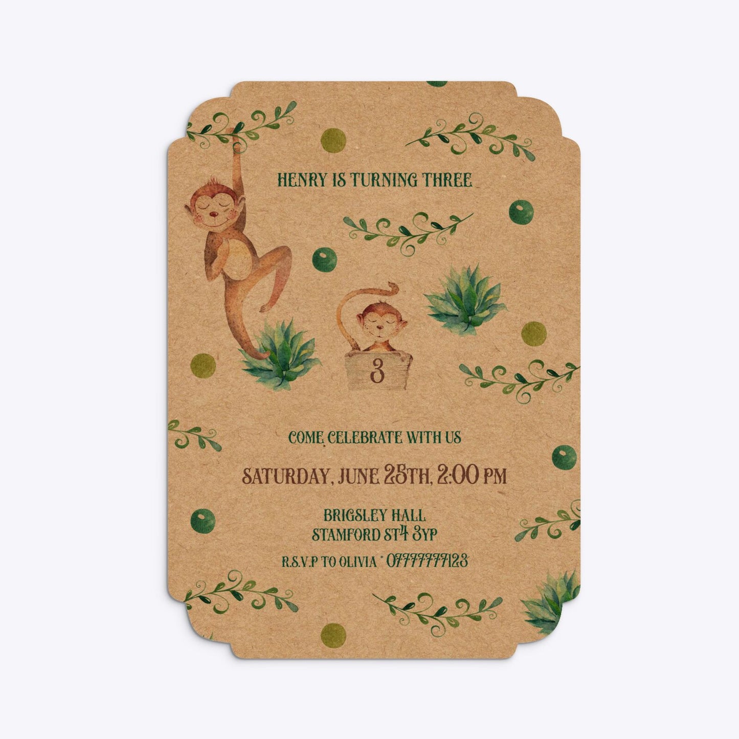 Monkey Personalised Happy Birthday Deco Invitation Kraft