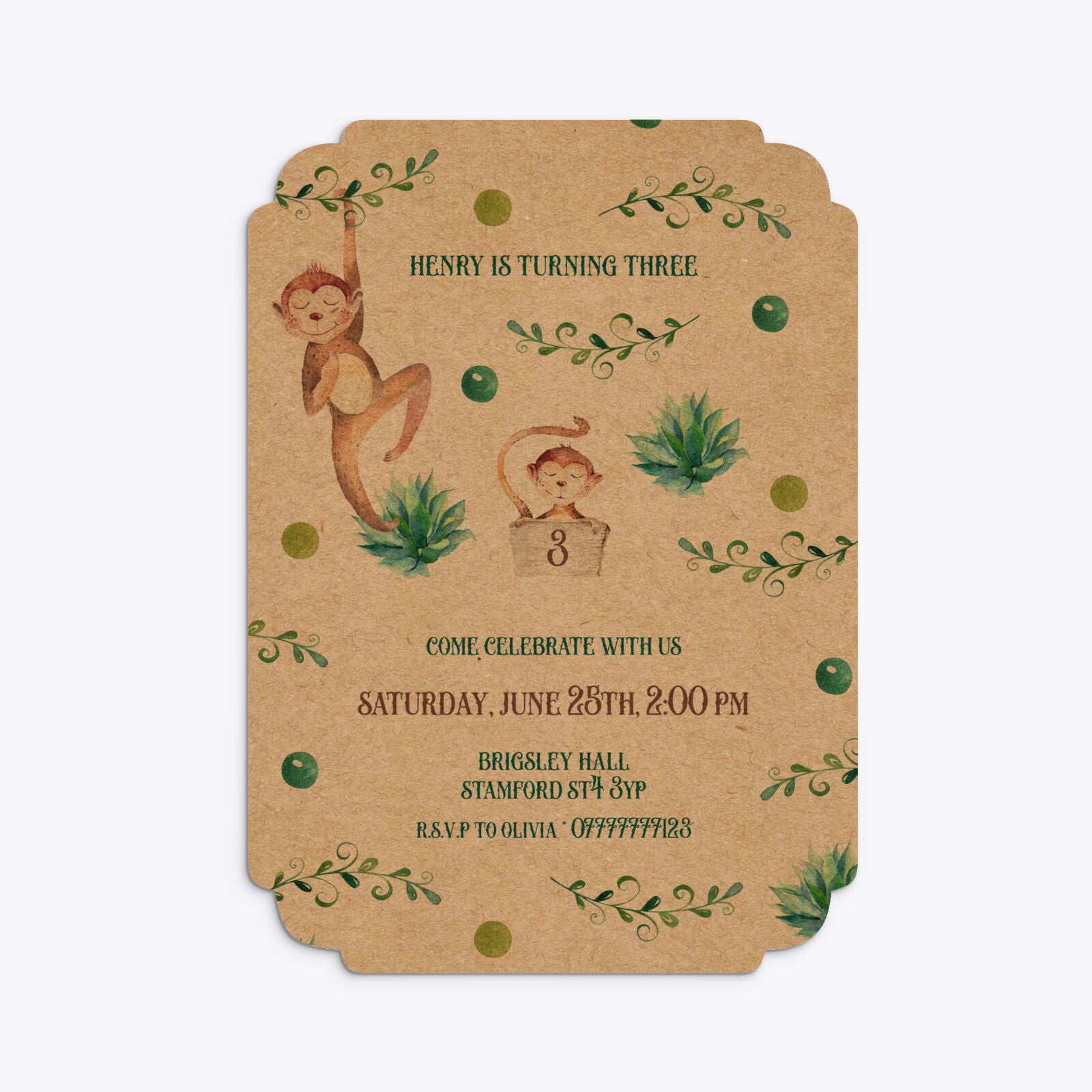 Monkey Personalised Happy Birthday Deco Invitation Kraft