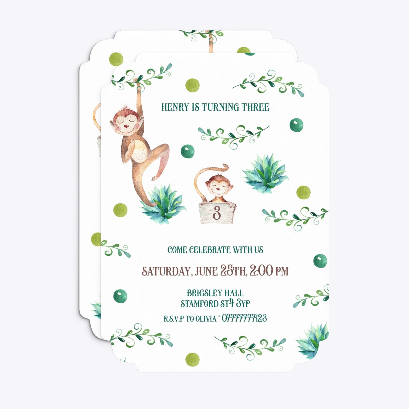 Monkey Personalised Happy Birthday Deco Invitation Matte Paper Front and Back Image