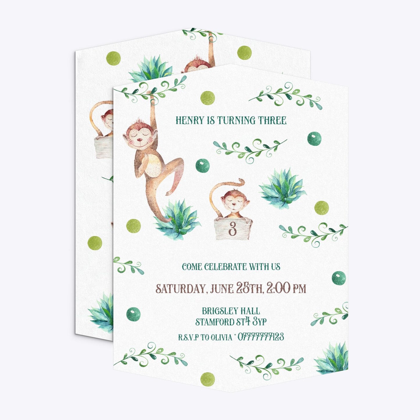 Monkey Personalised Happy Birthday Geo Invitation Glitter Front and Back Image