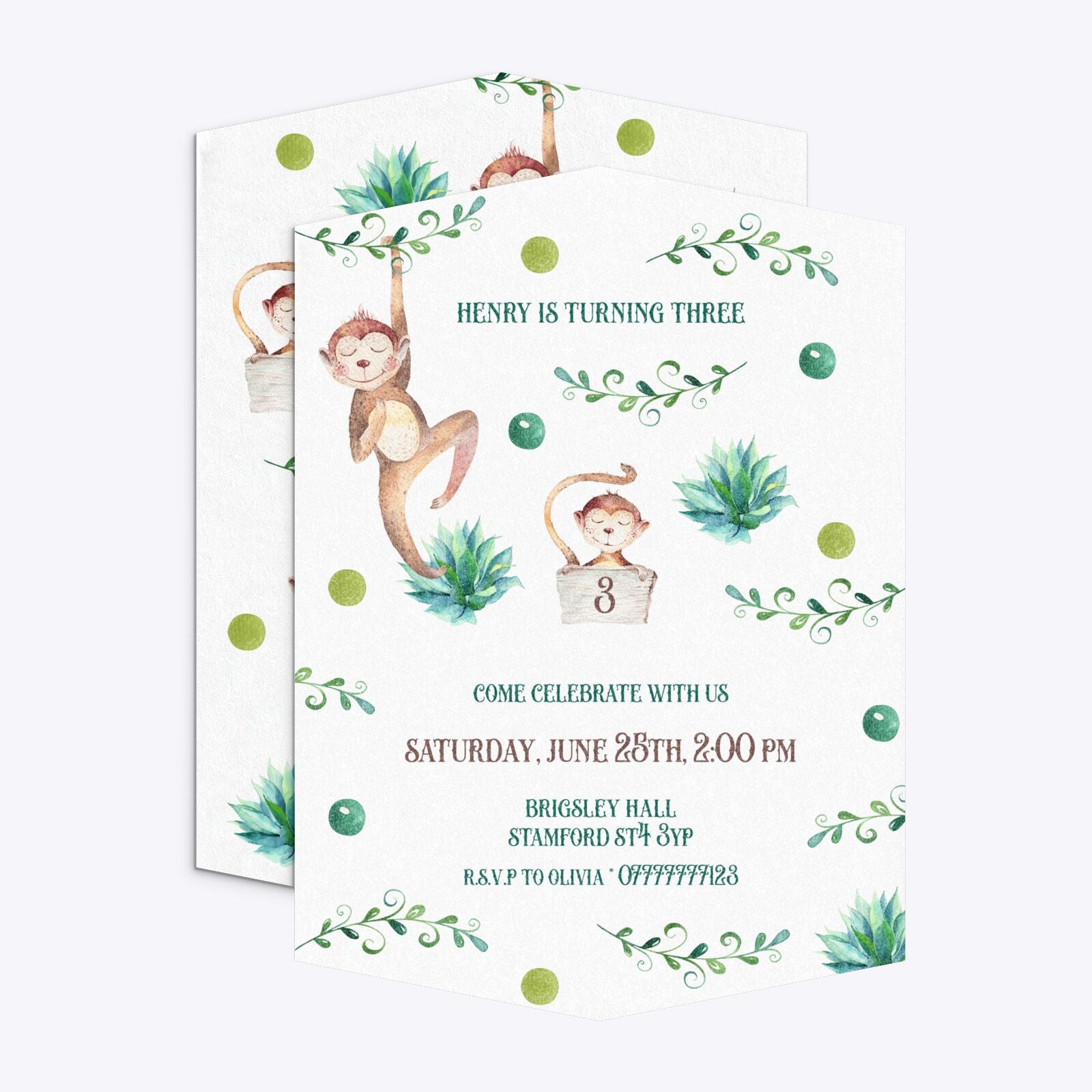 Monkey Personalised Happy Birthday Geo Invitation Glitter Front and Back Image