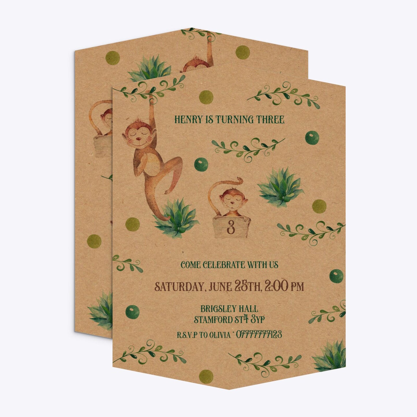 Monkey Personalised Happy Birthday Geo Invitation Kraft Front and Back Image