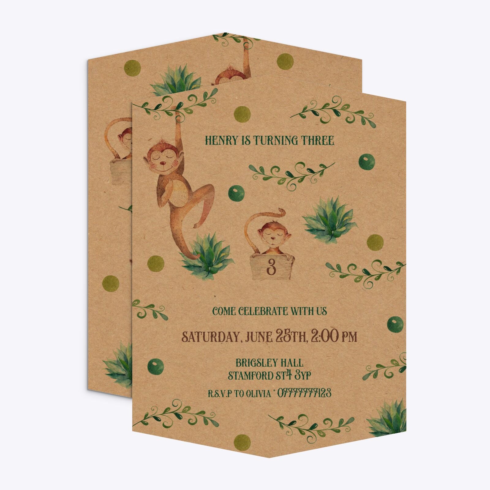 Monkey Personalised Happy Birthday Geo Invitation Kraft Front and Back Image