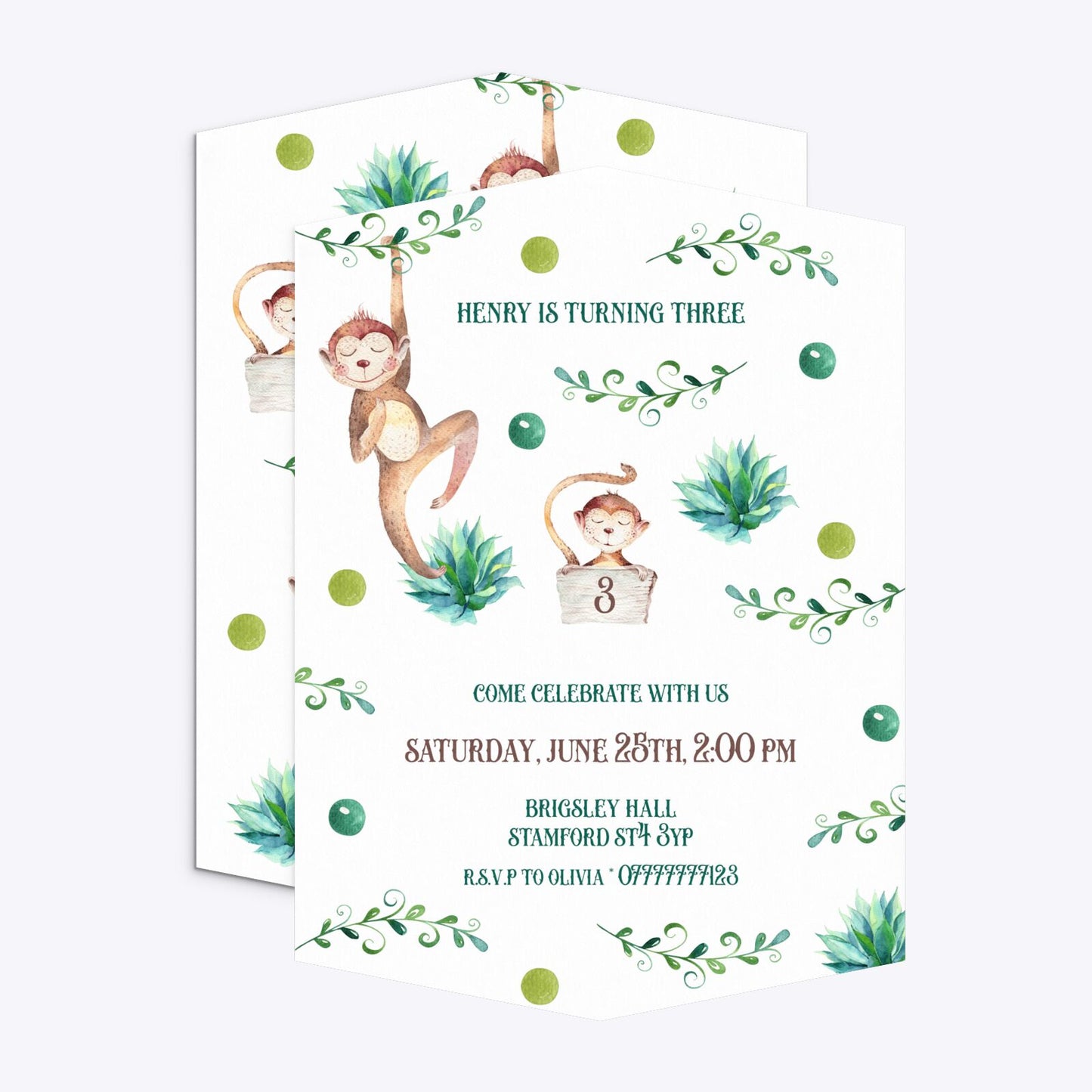 Monkey Personalised Happy Birthday Geo Invitation Matte Paper Front and Back Image