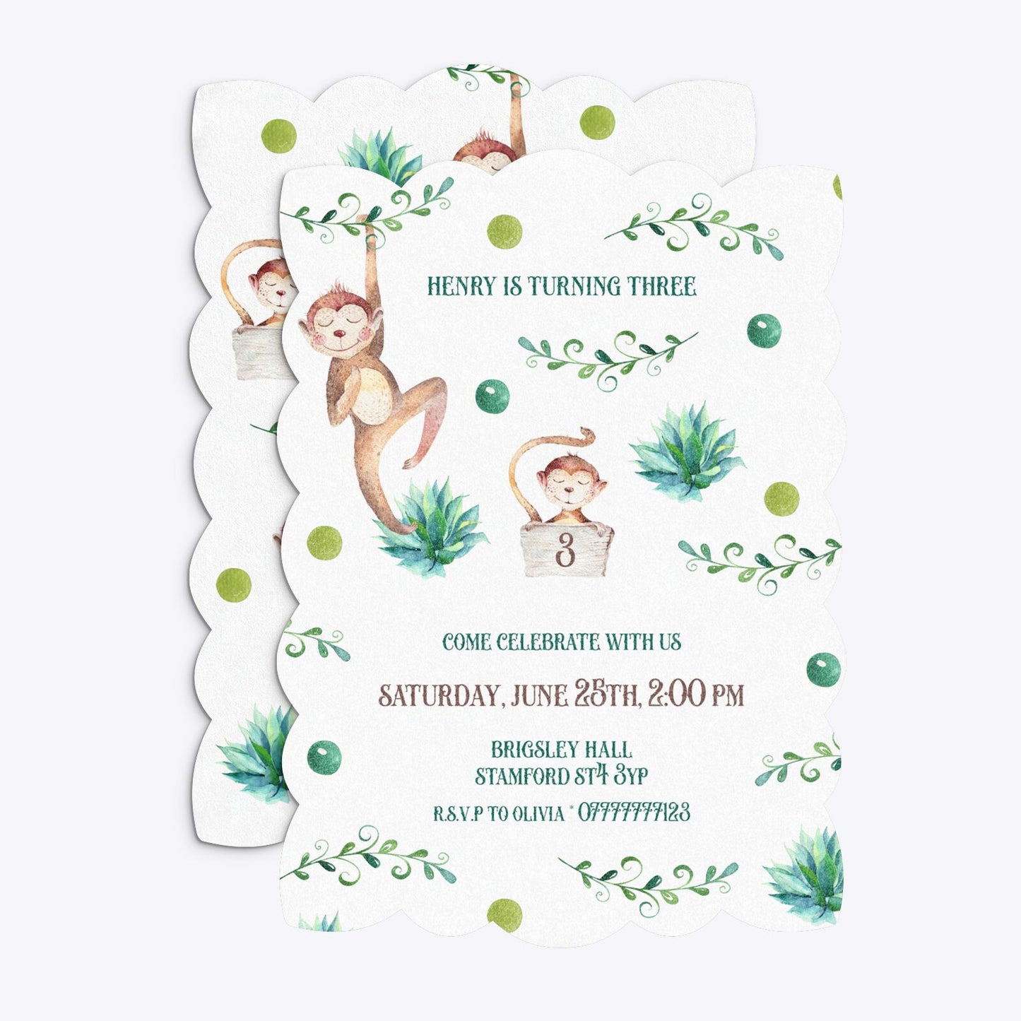 Monkey Personalised Happy Birthday Petal Invitation Glitter Front and Back Image