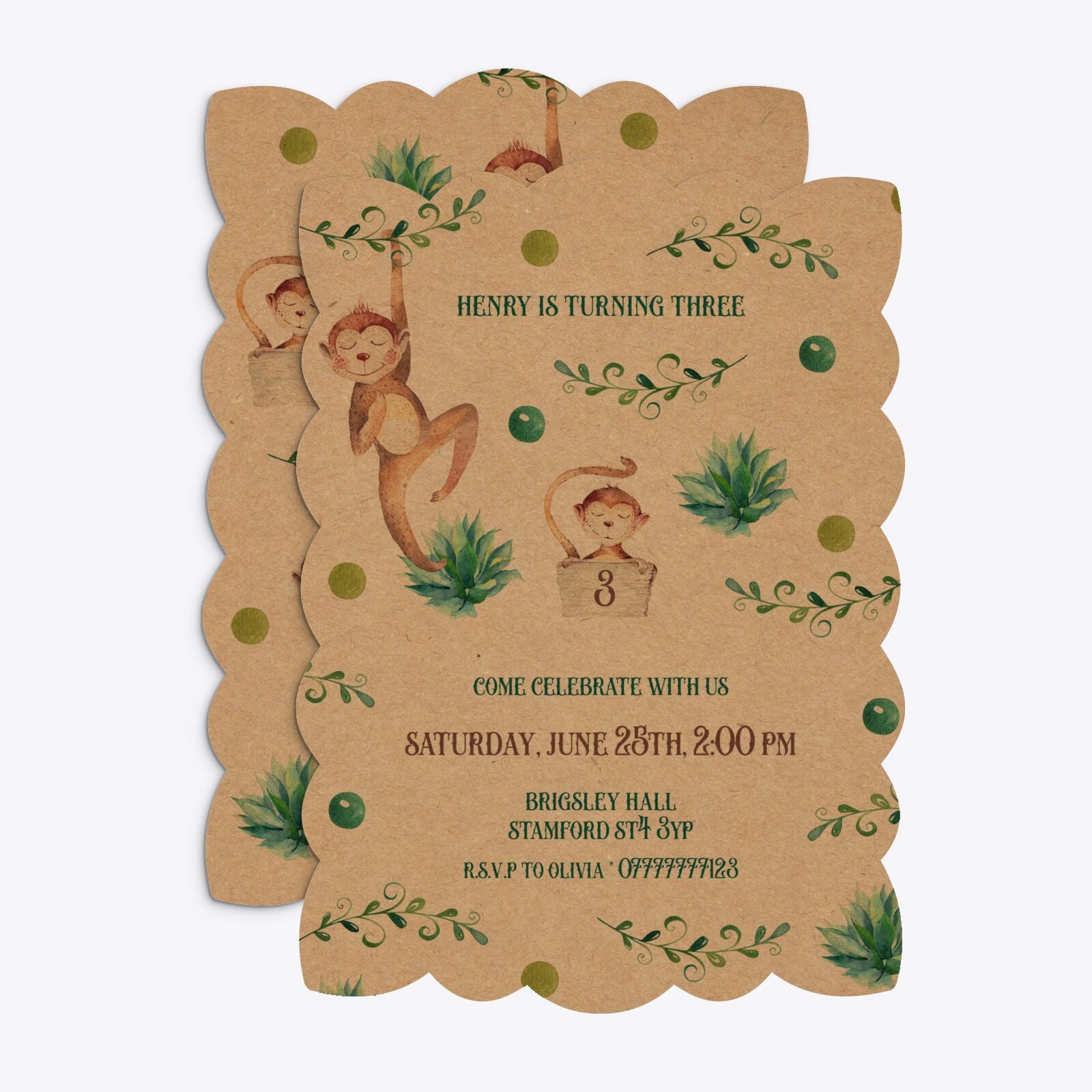 Monkey Personalised Happy Birthday Petal Invitation Kraft Front and Back Image