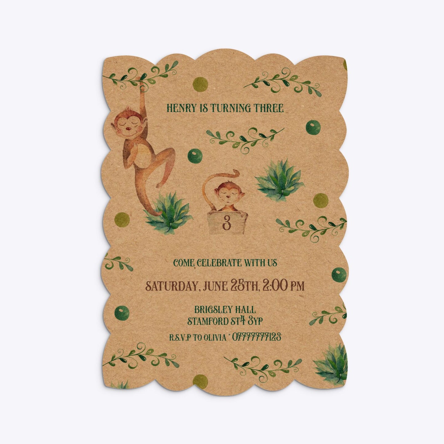 Monkey Personalised Happy Birthday Petal Invitation Kraft